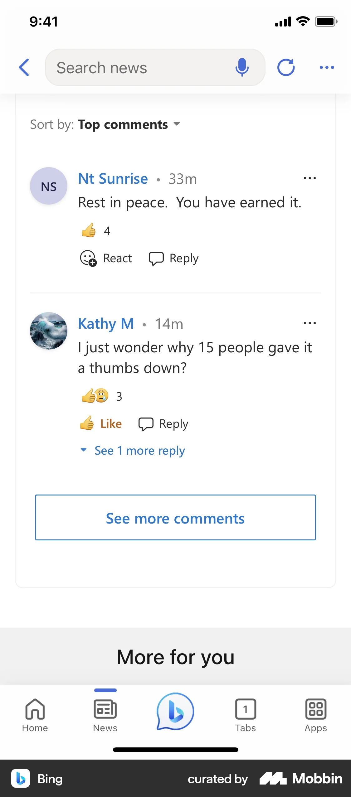 Bing iOS Comments screen