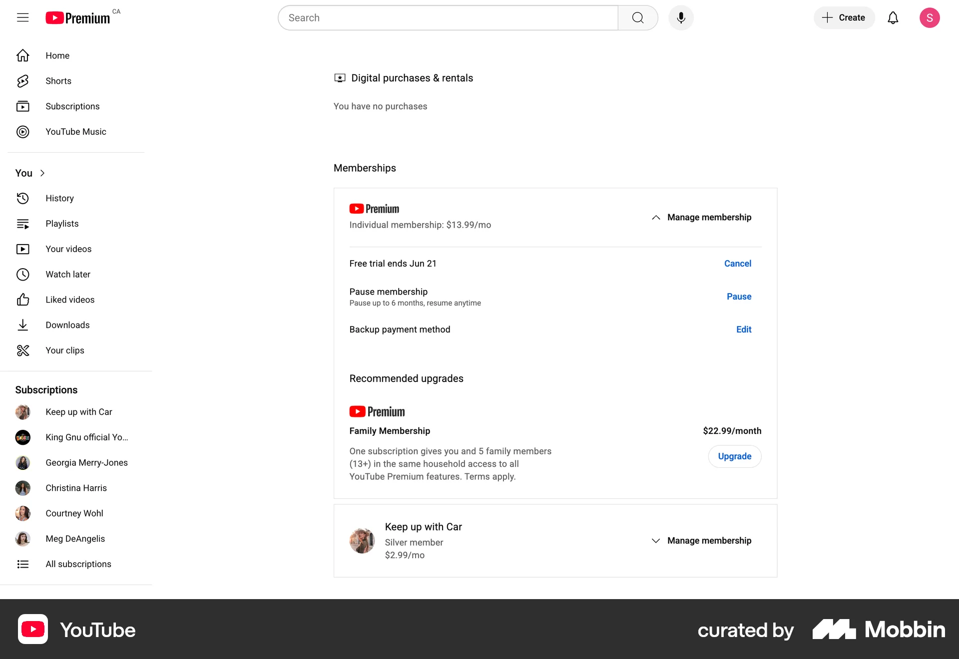 YouTube Web Billing screen