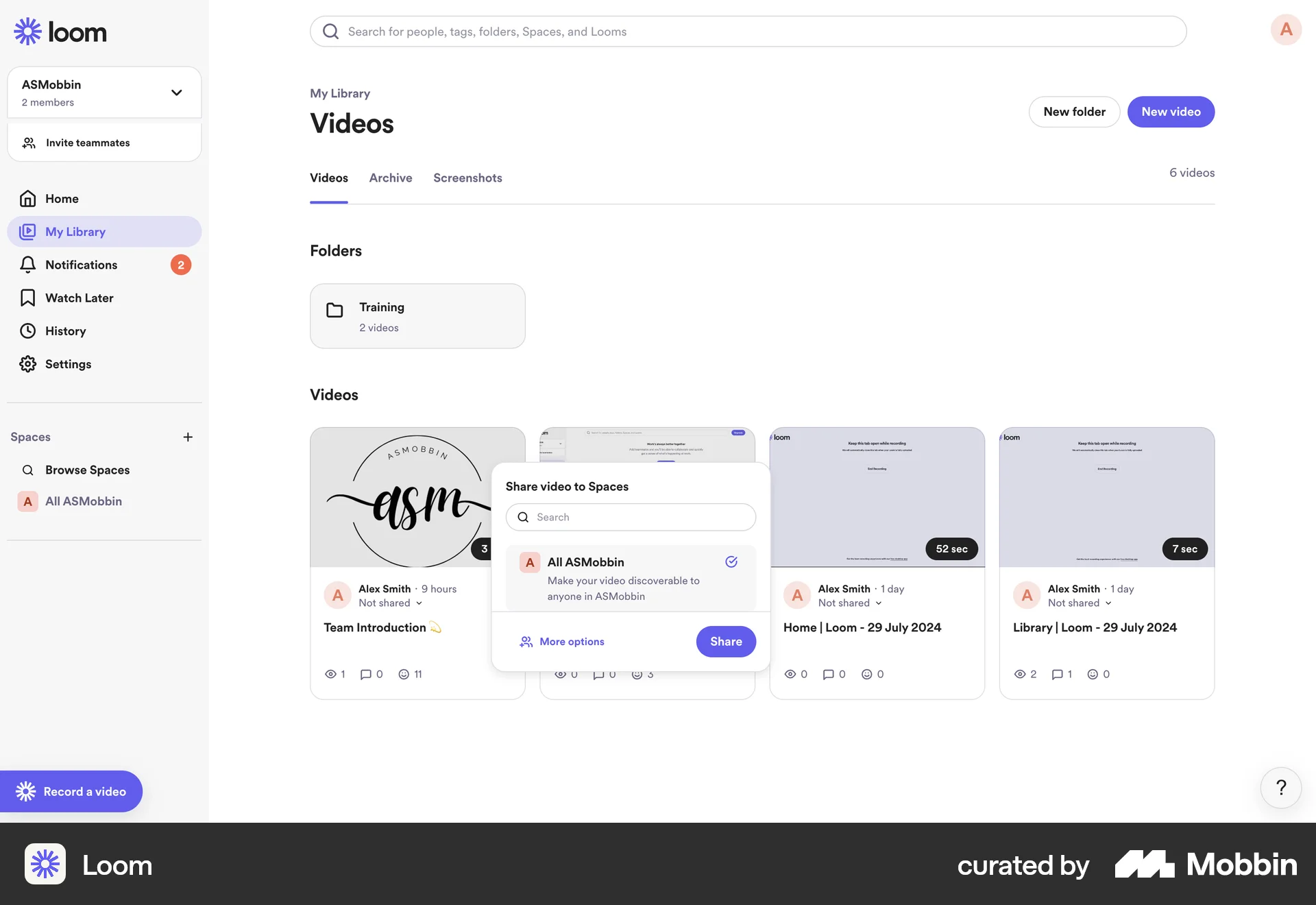 Loom Web screen containing Popover UI element