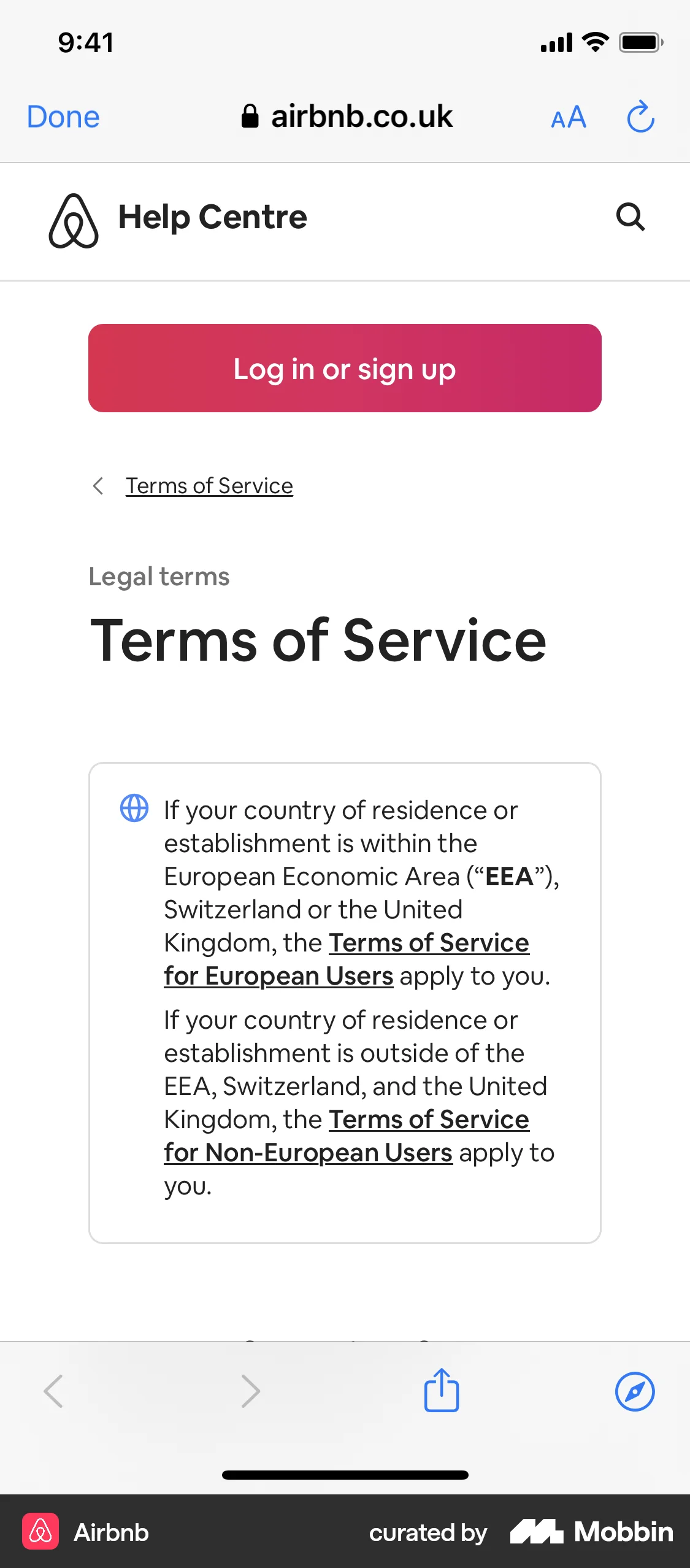 Airbnb iOS Terms & Conditions screen
