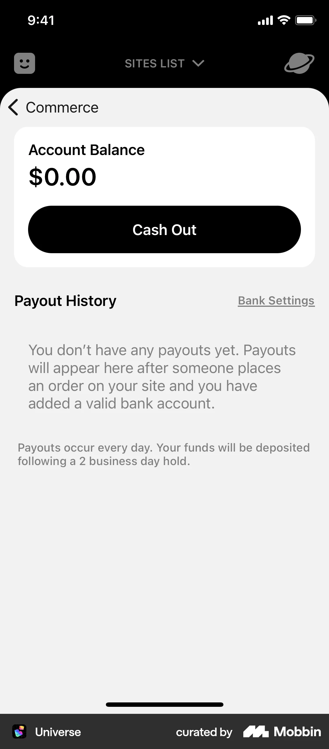 Universe iOS Wallet & Balance screen