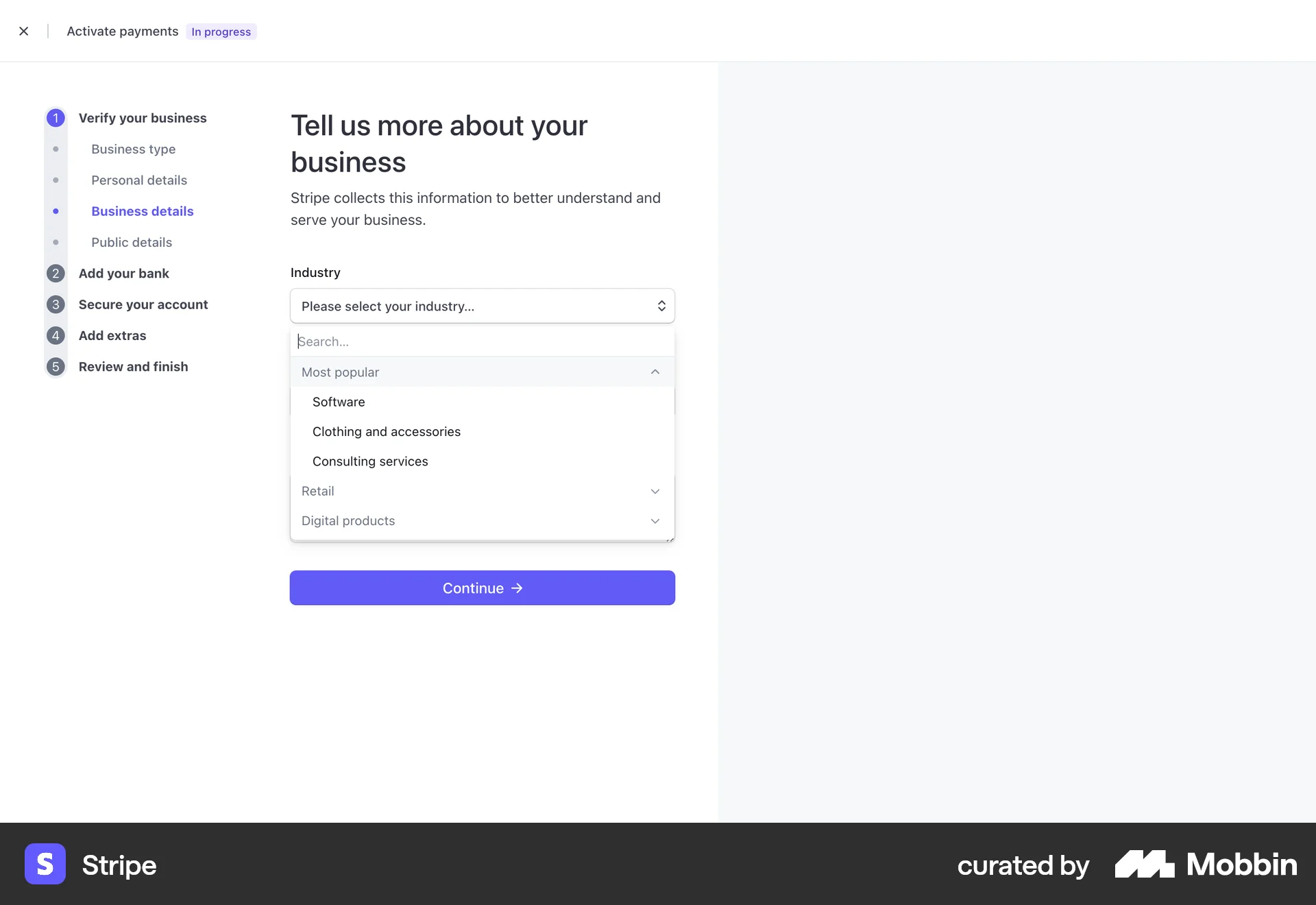 Stripe Web screen containing Combobox UI element