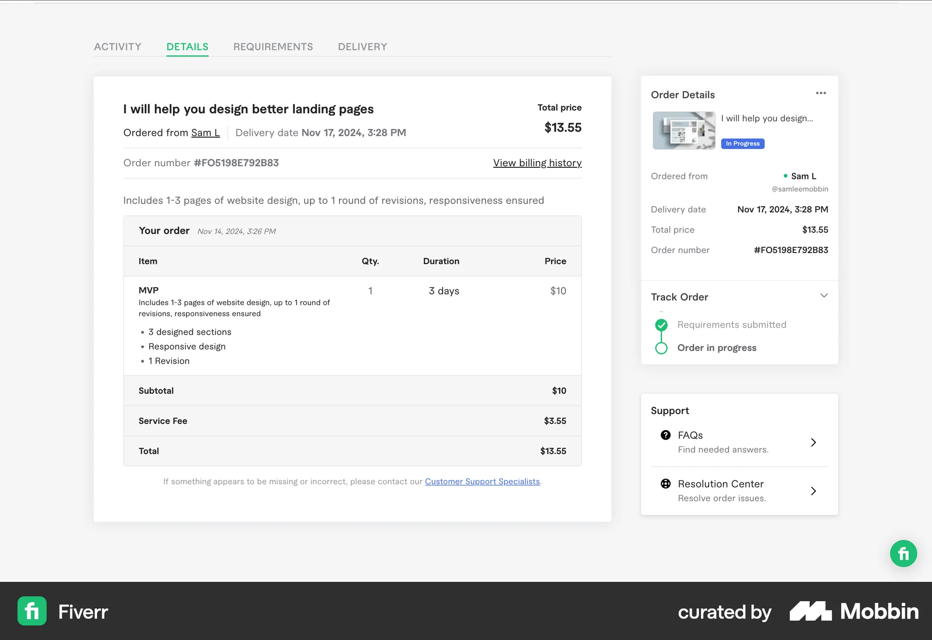 Fiverr Web Order Detail screen