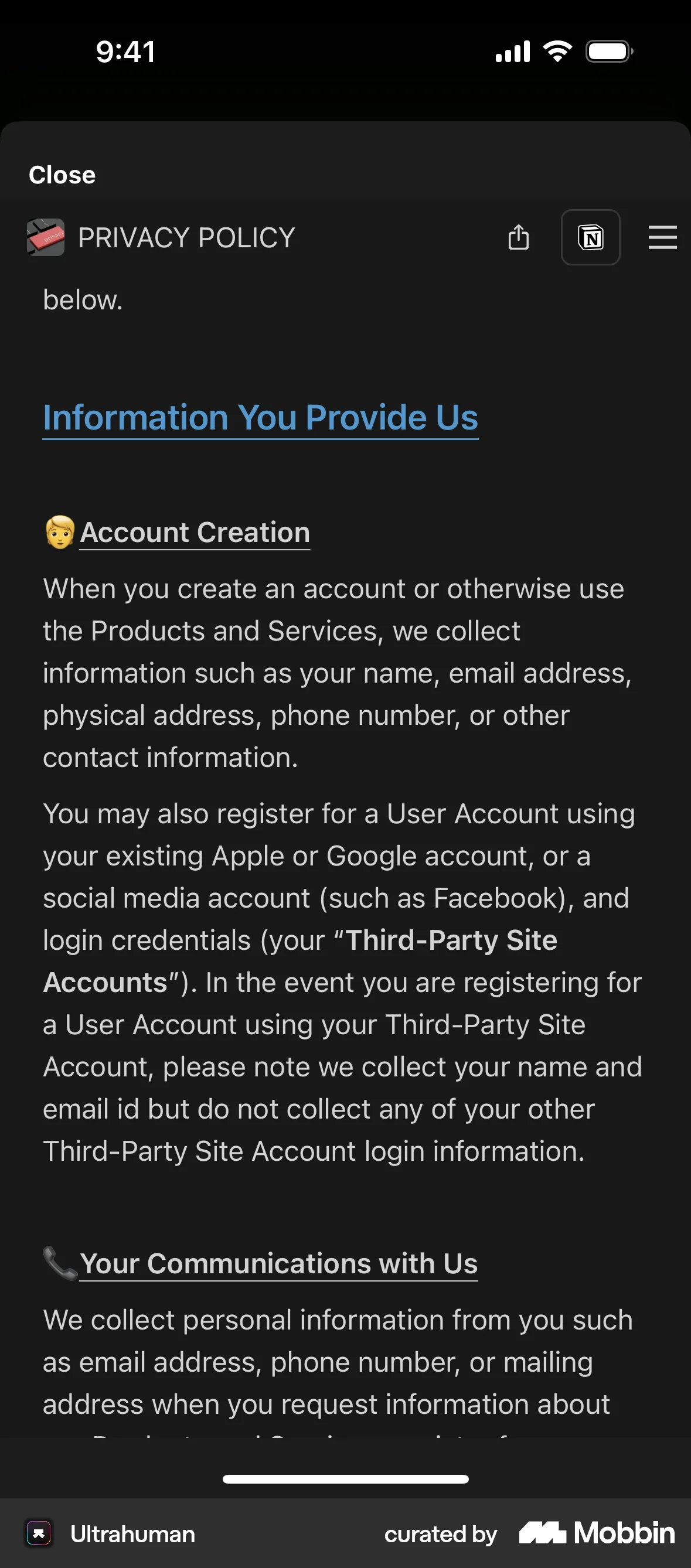 Ultrahuman iOS Privacy Policy screen