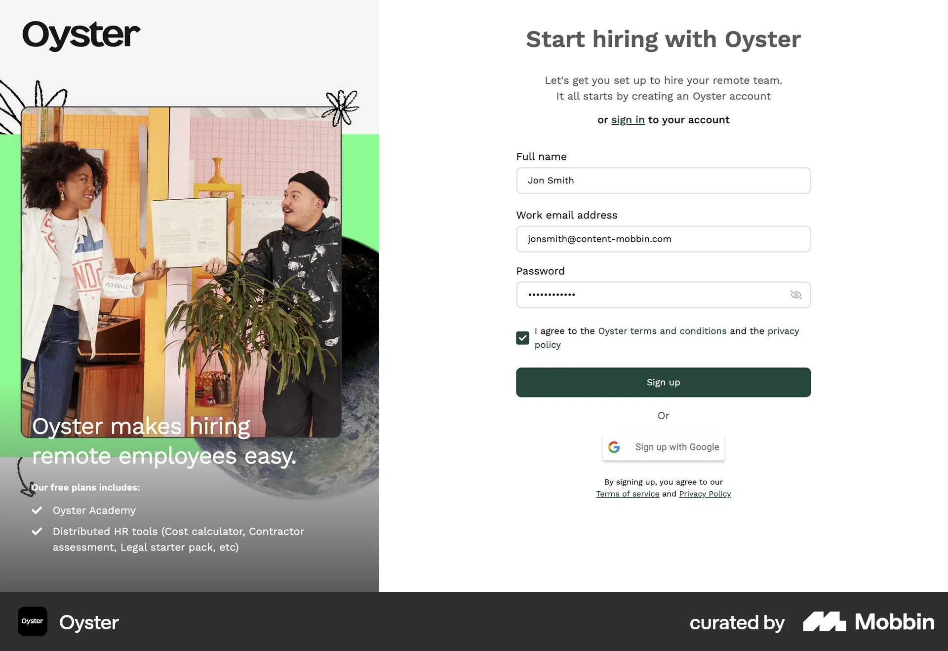 Oyster Web Signup screen