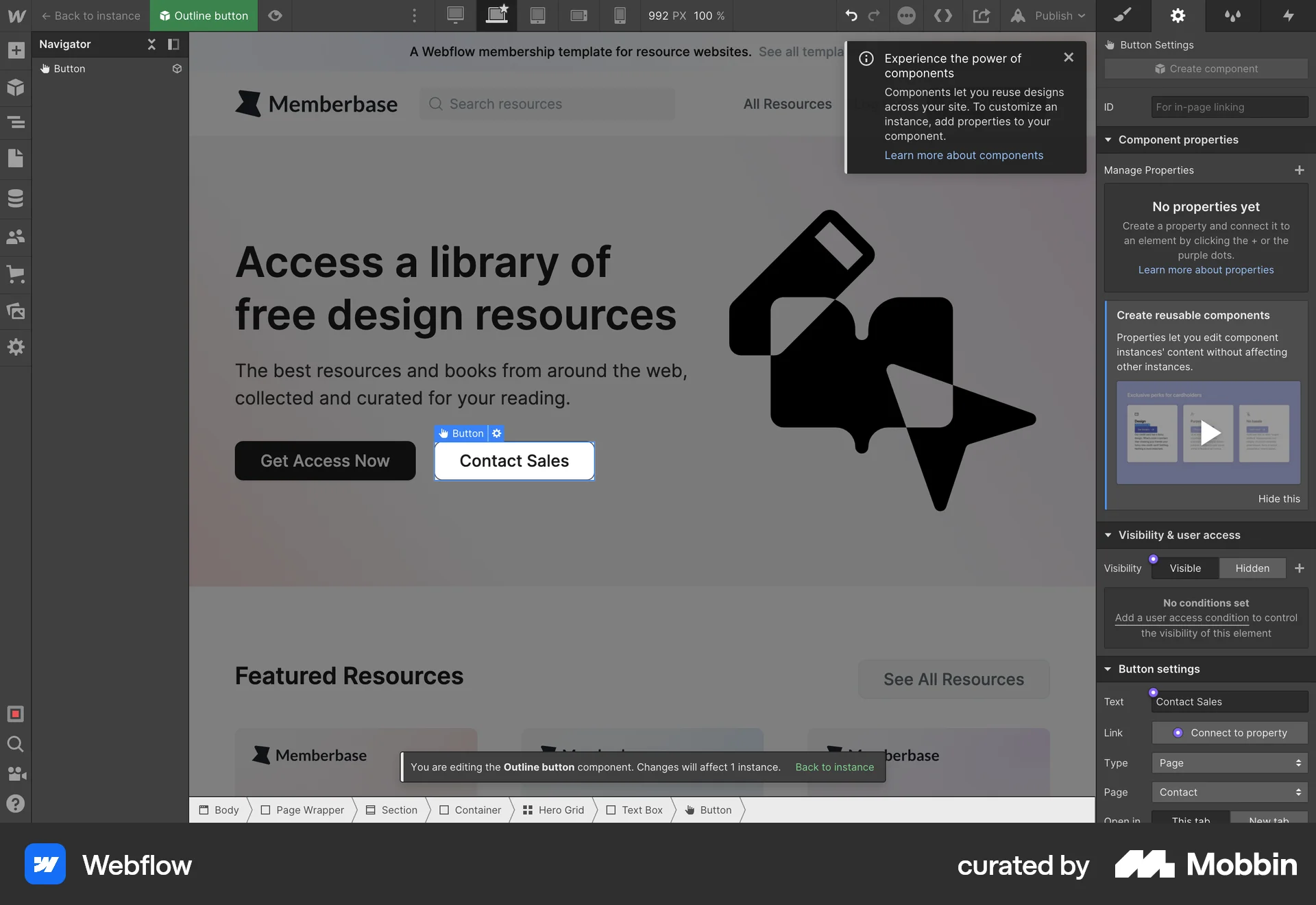 Webflow Web Feature Info screen