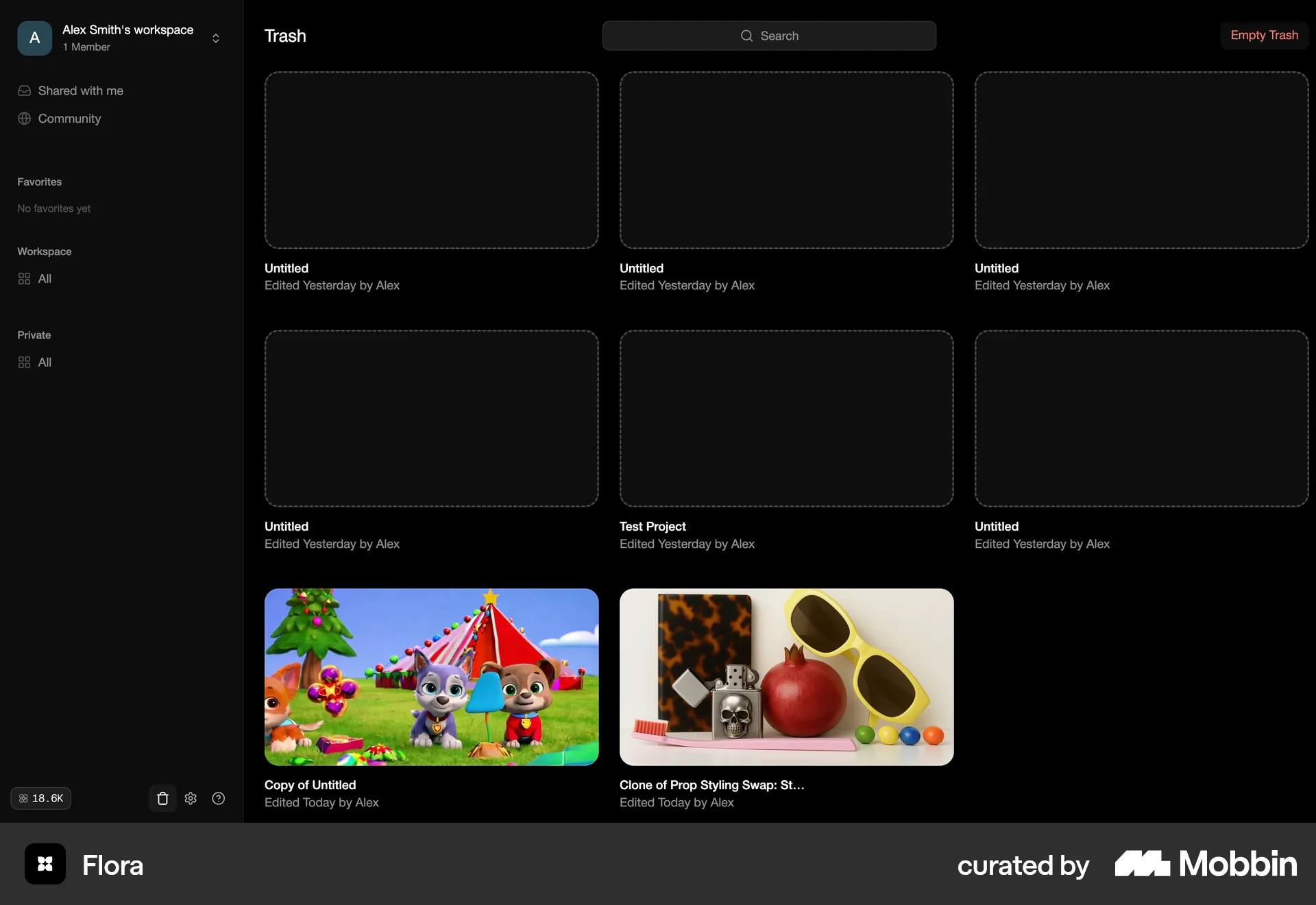 FLORA Web Trash & Archive screen