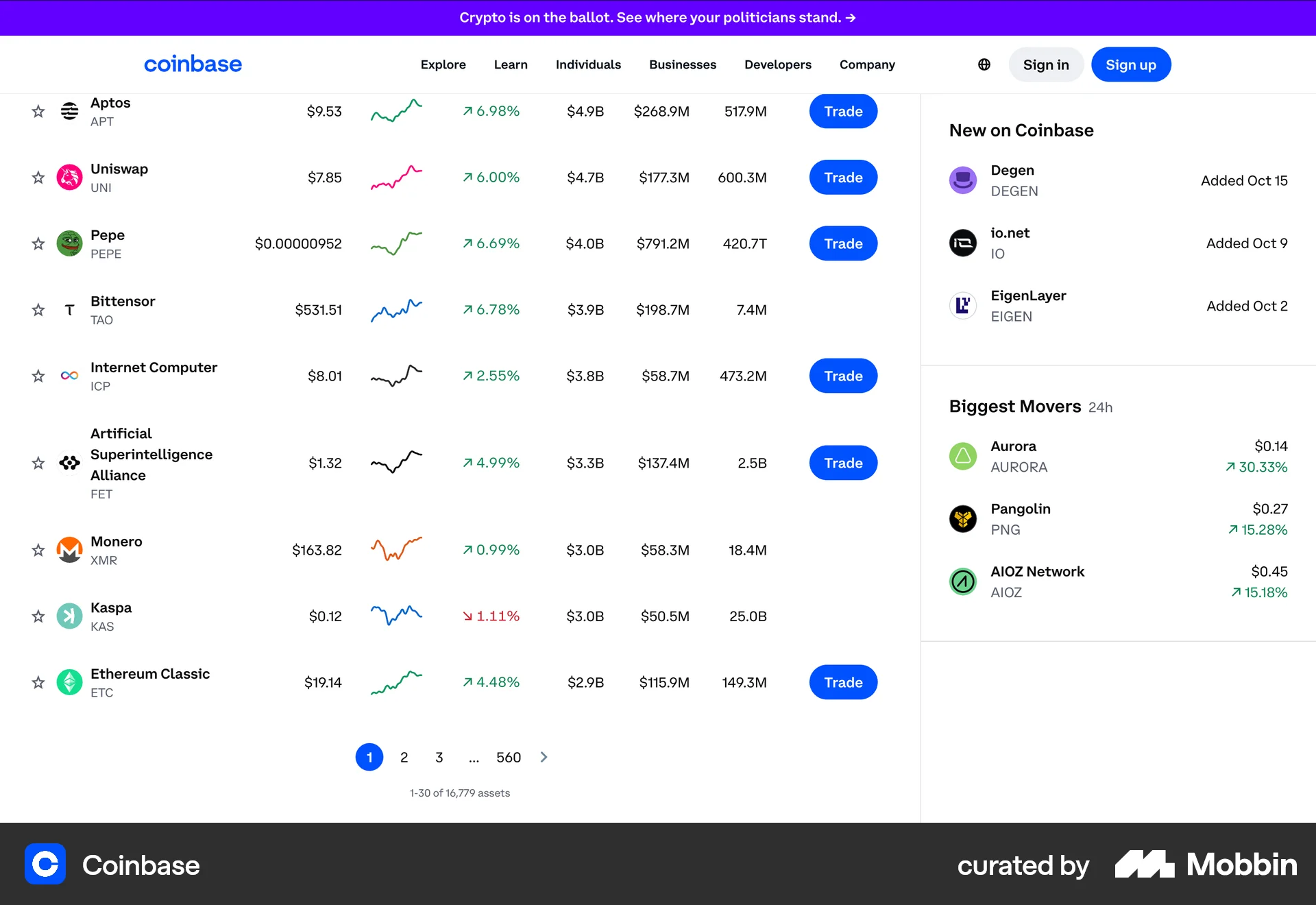 Coinbase Web screen containing Pagination UI element