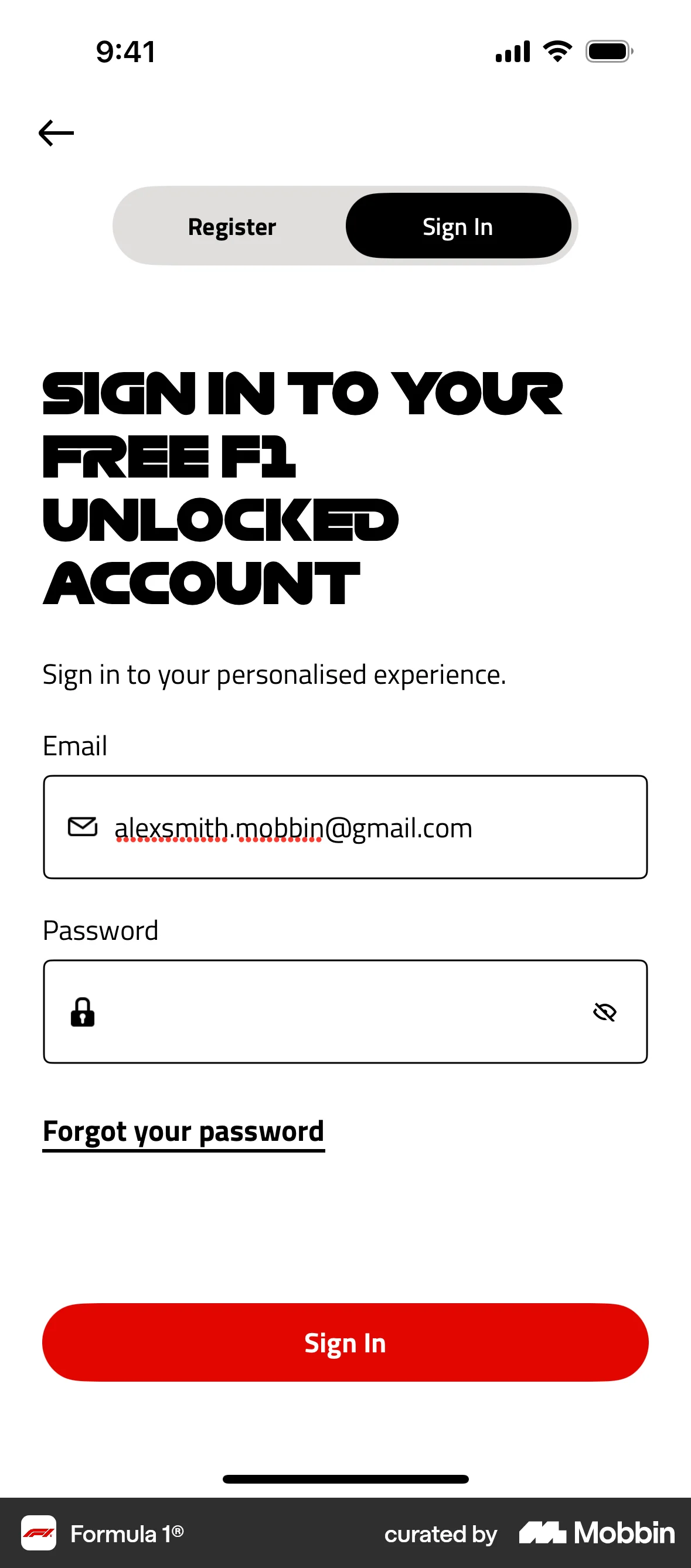 Formula 1® iOS Login screen