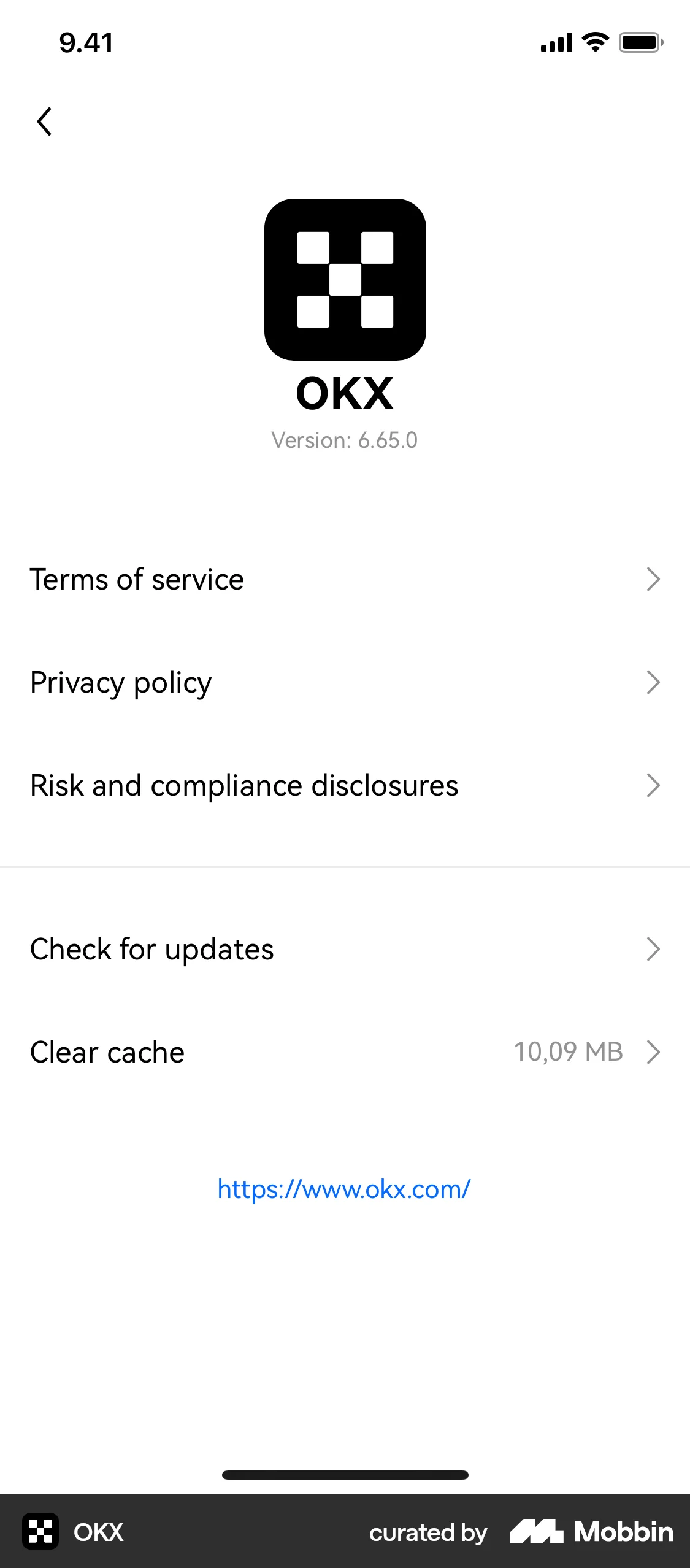 OKX iOS About screen