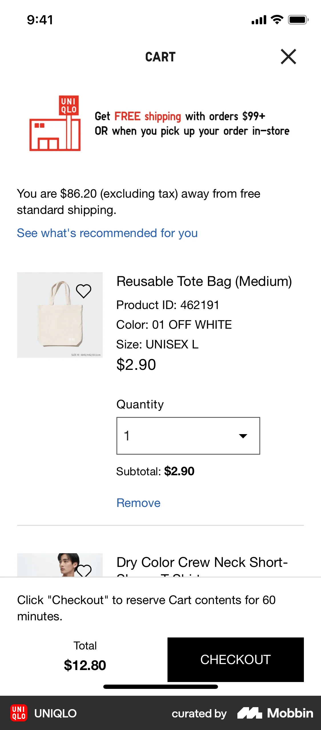 UNIQLO iOS Mobile Shopping Cart screen