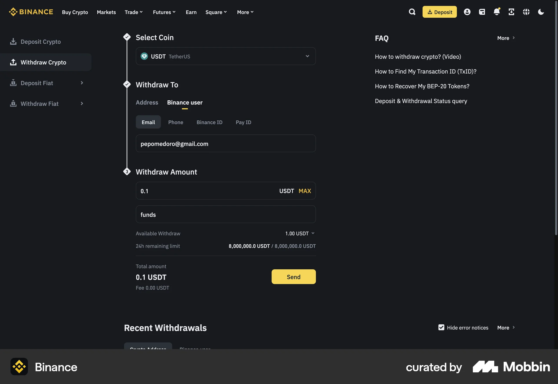 Binance Web Transfer & Send Money screen