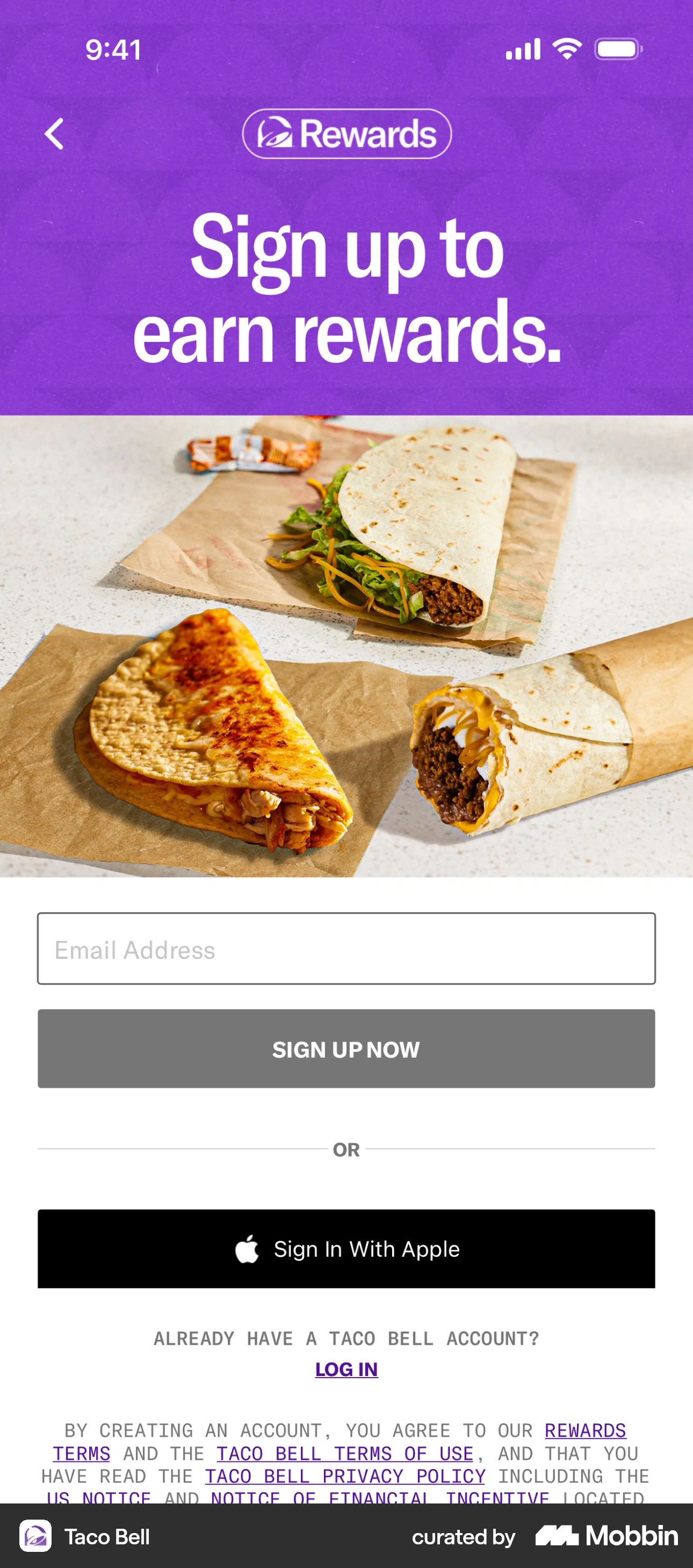 Taco Bell iOS Signup screen