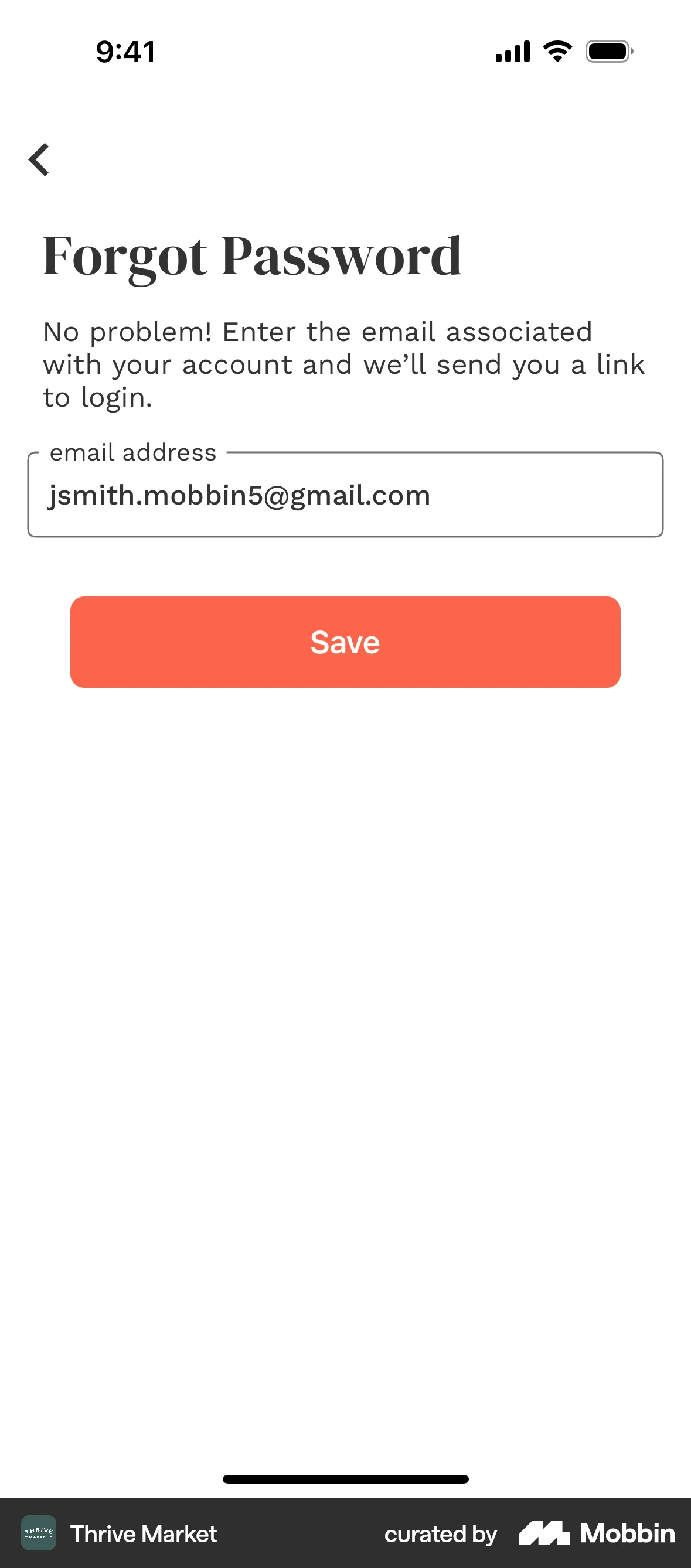 Thrive Market iOS Forgot Password screen