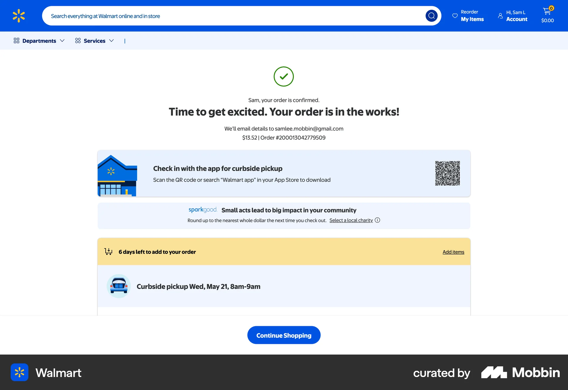 Walmart Web Order Confirmation screen