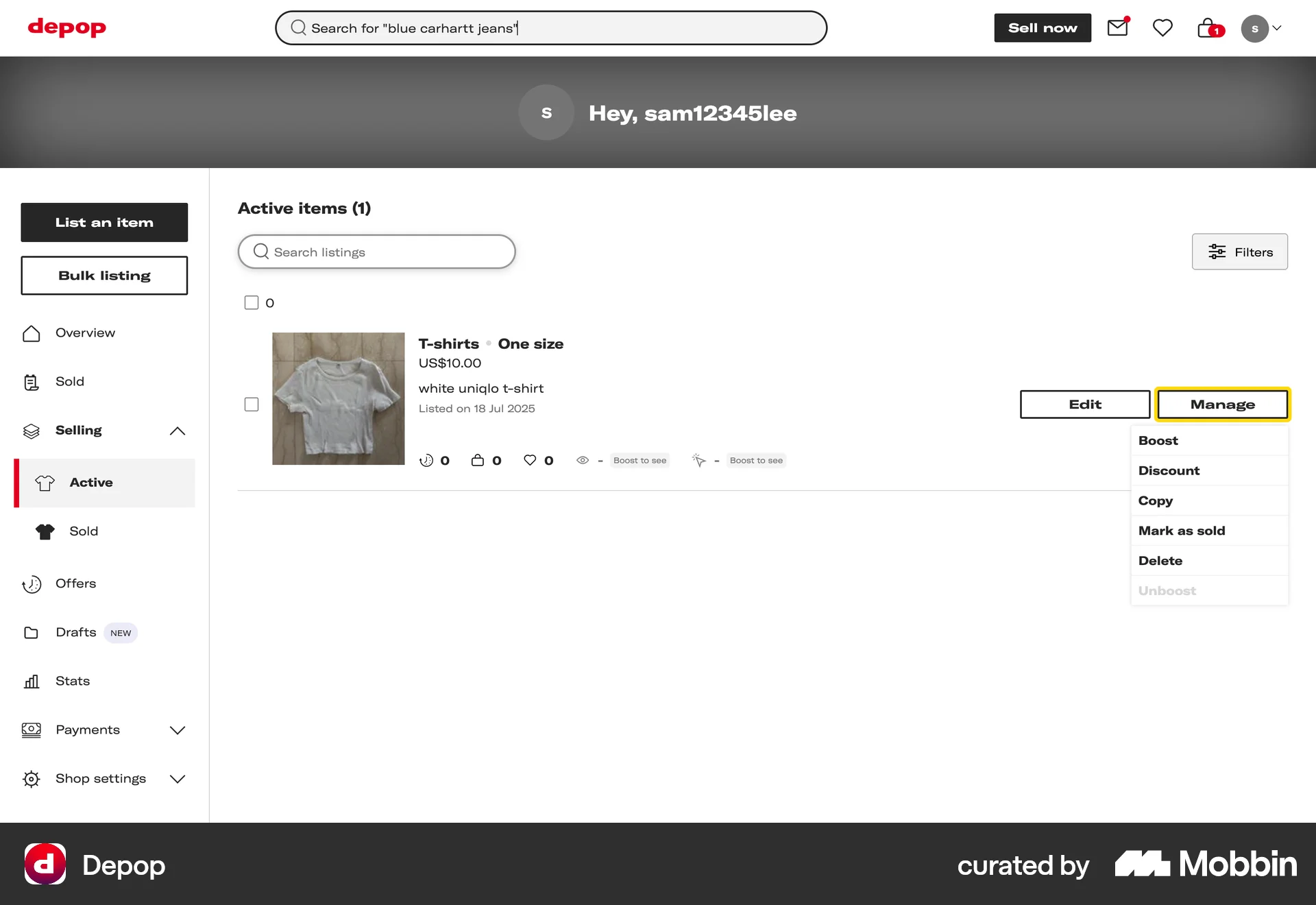 Depop Web Action Option screen