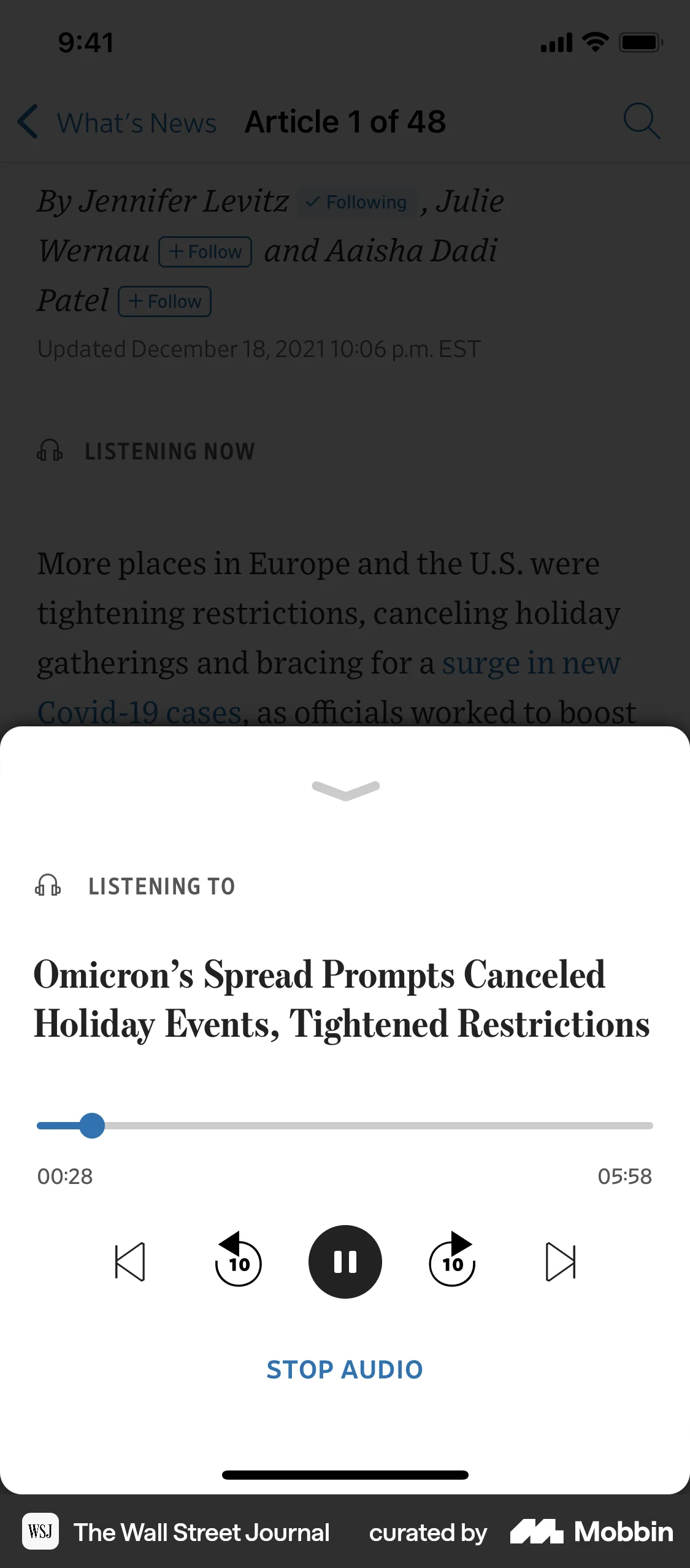 The Wall Street Journal iOS Audio Player screen