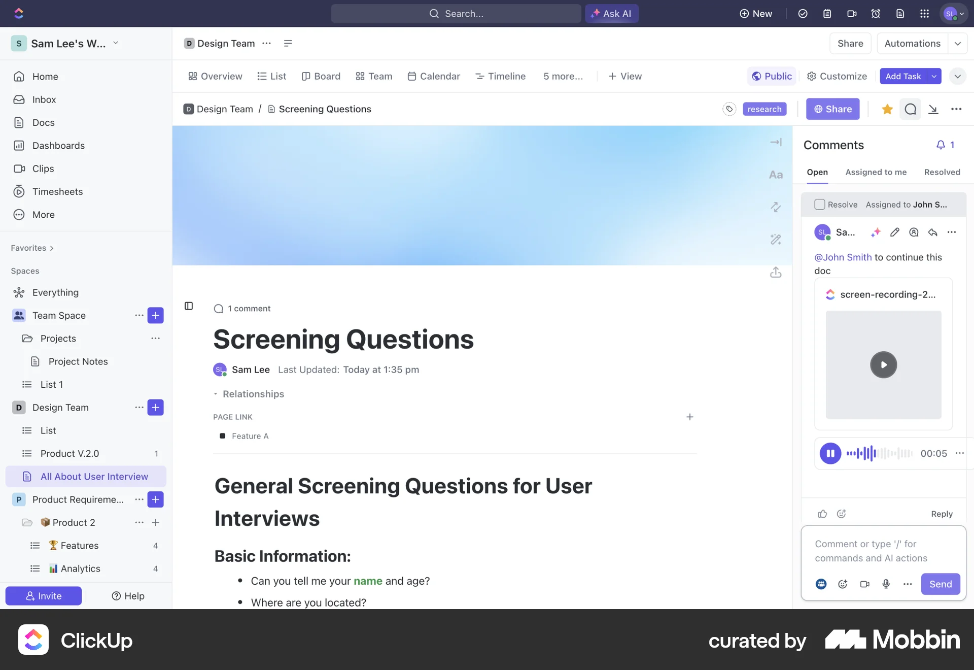 ClickUp Web Audio Player screen