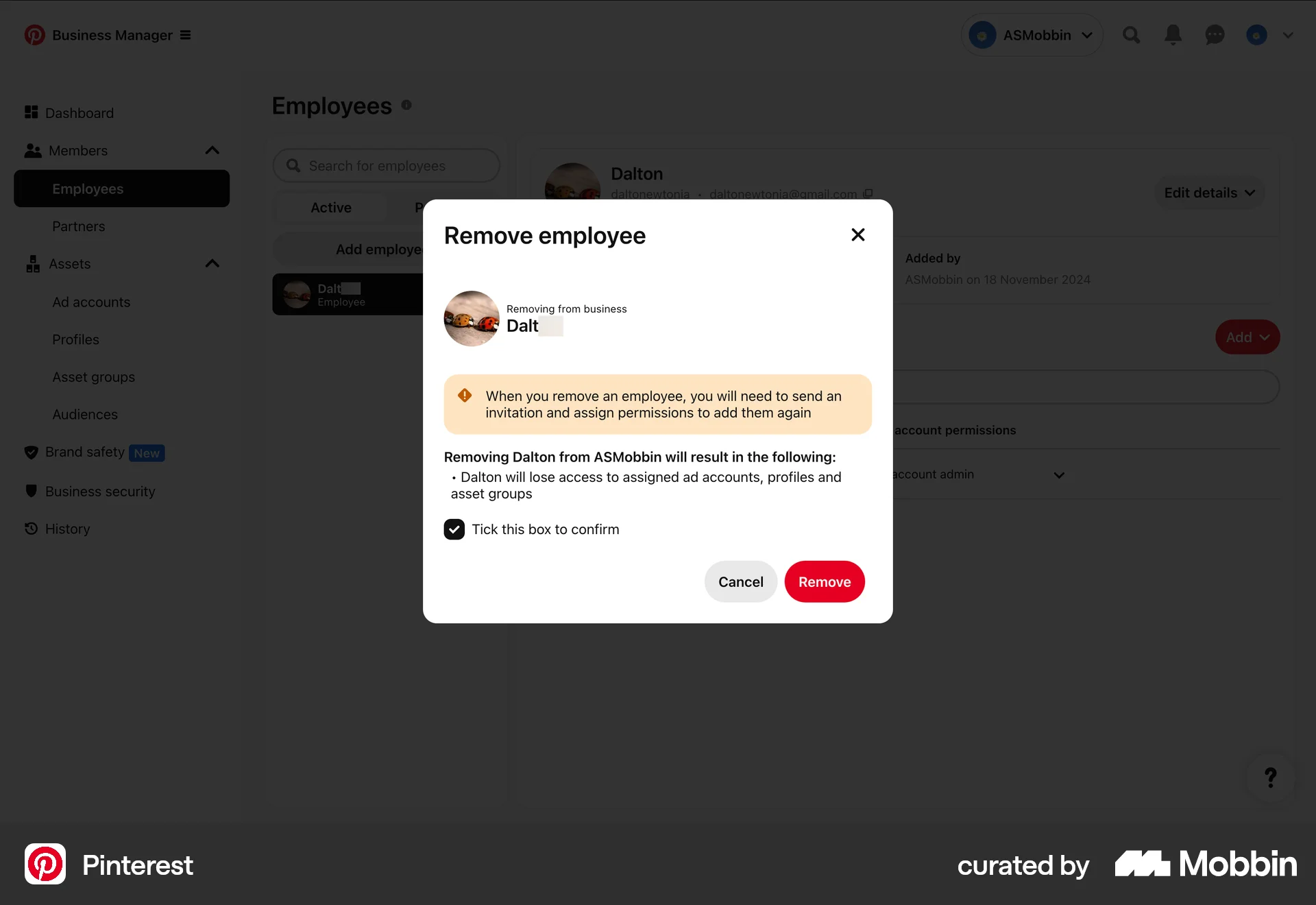 Pinterest Web Delete screen