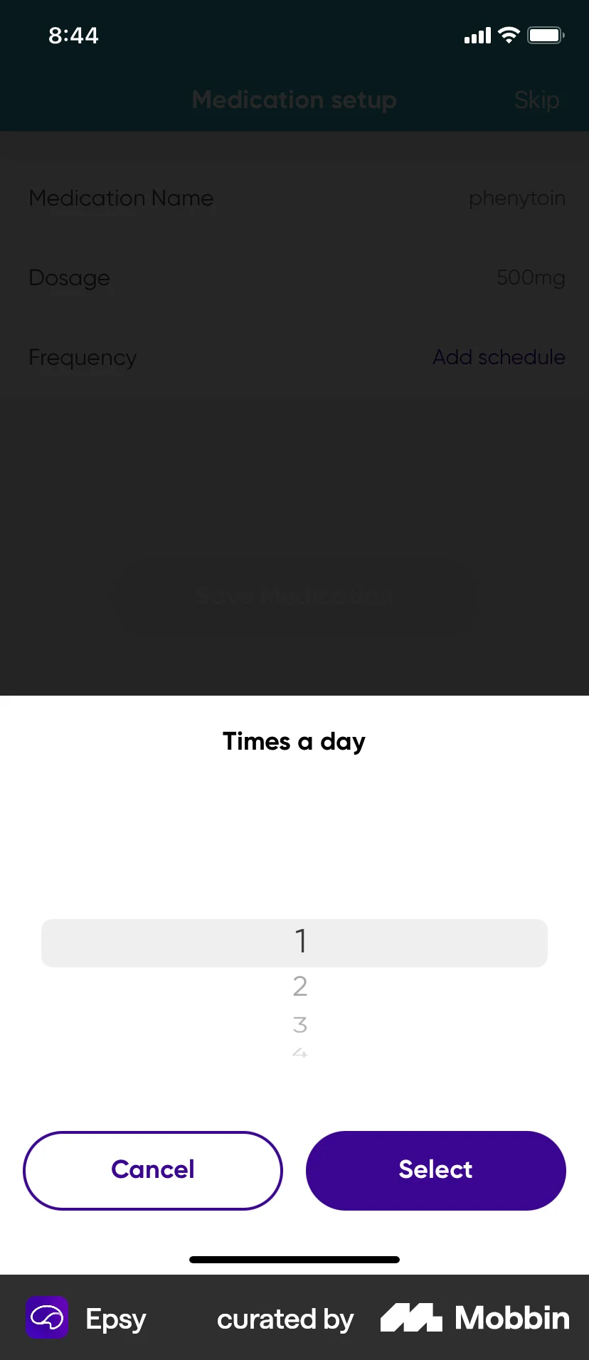 Epsy iOS screen containing Time Picker UI element
