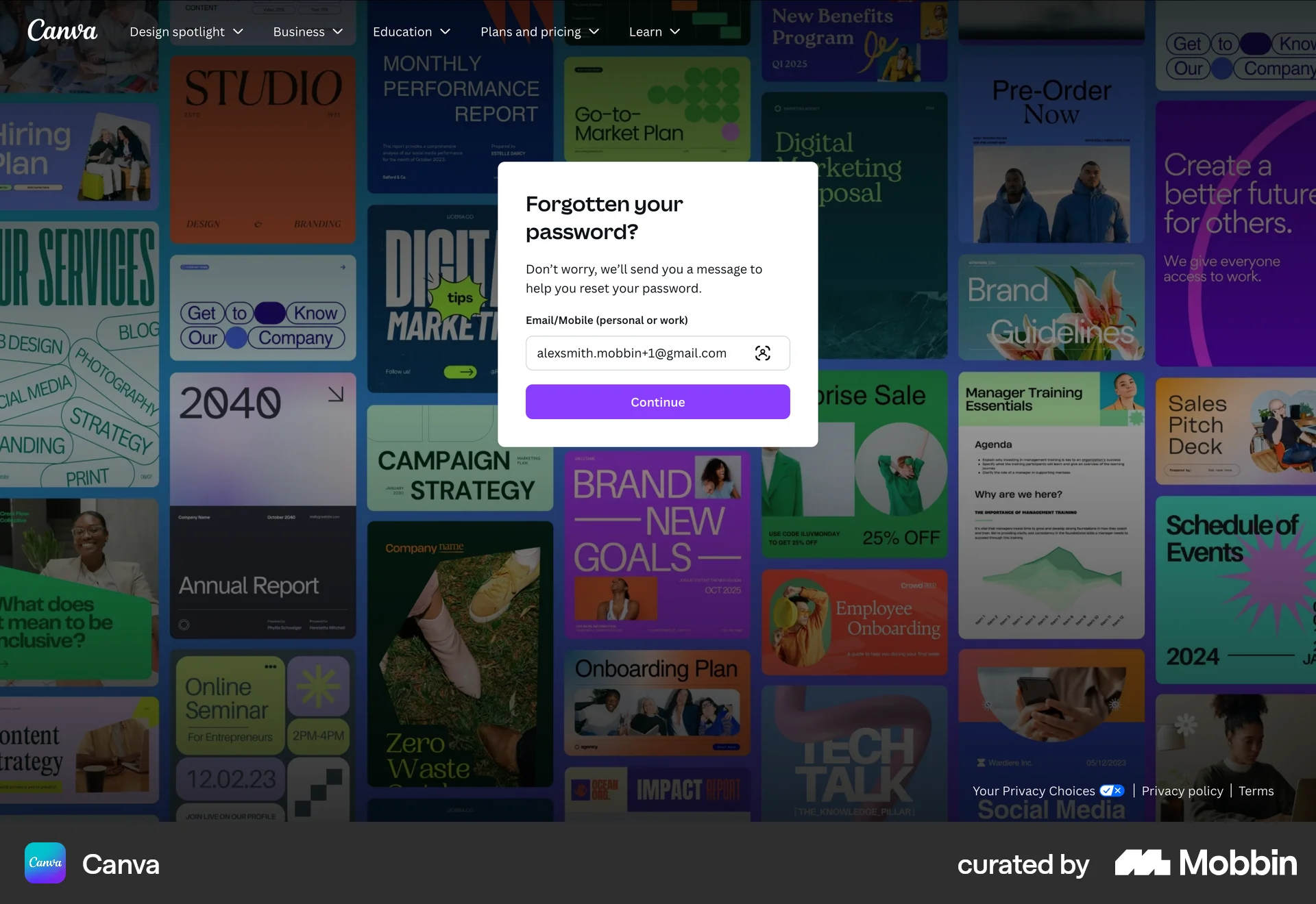 Canva Web Forgot Password screen