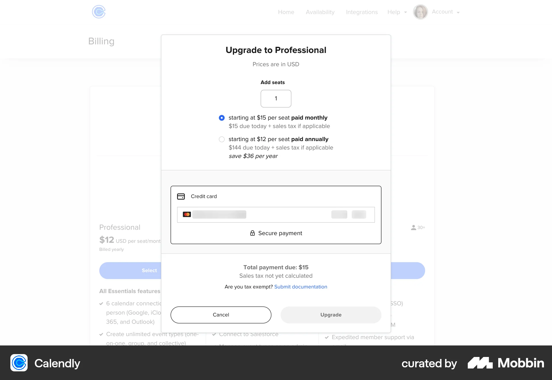 Calendly Web Payment Method screen