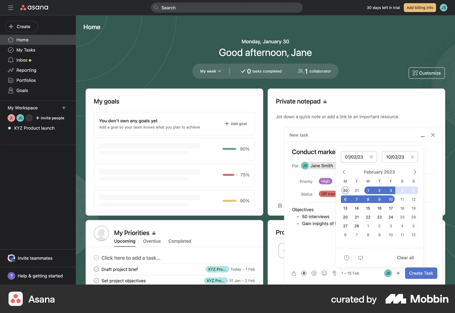 Asana Web Schedule screen
