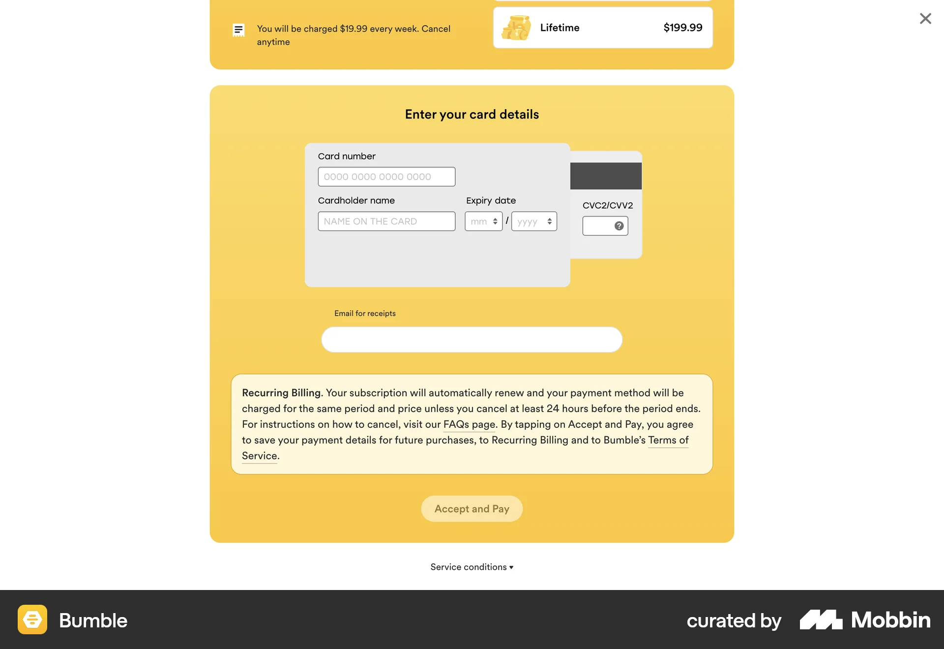 Bumble Web Payment Method screen
