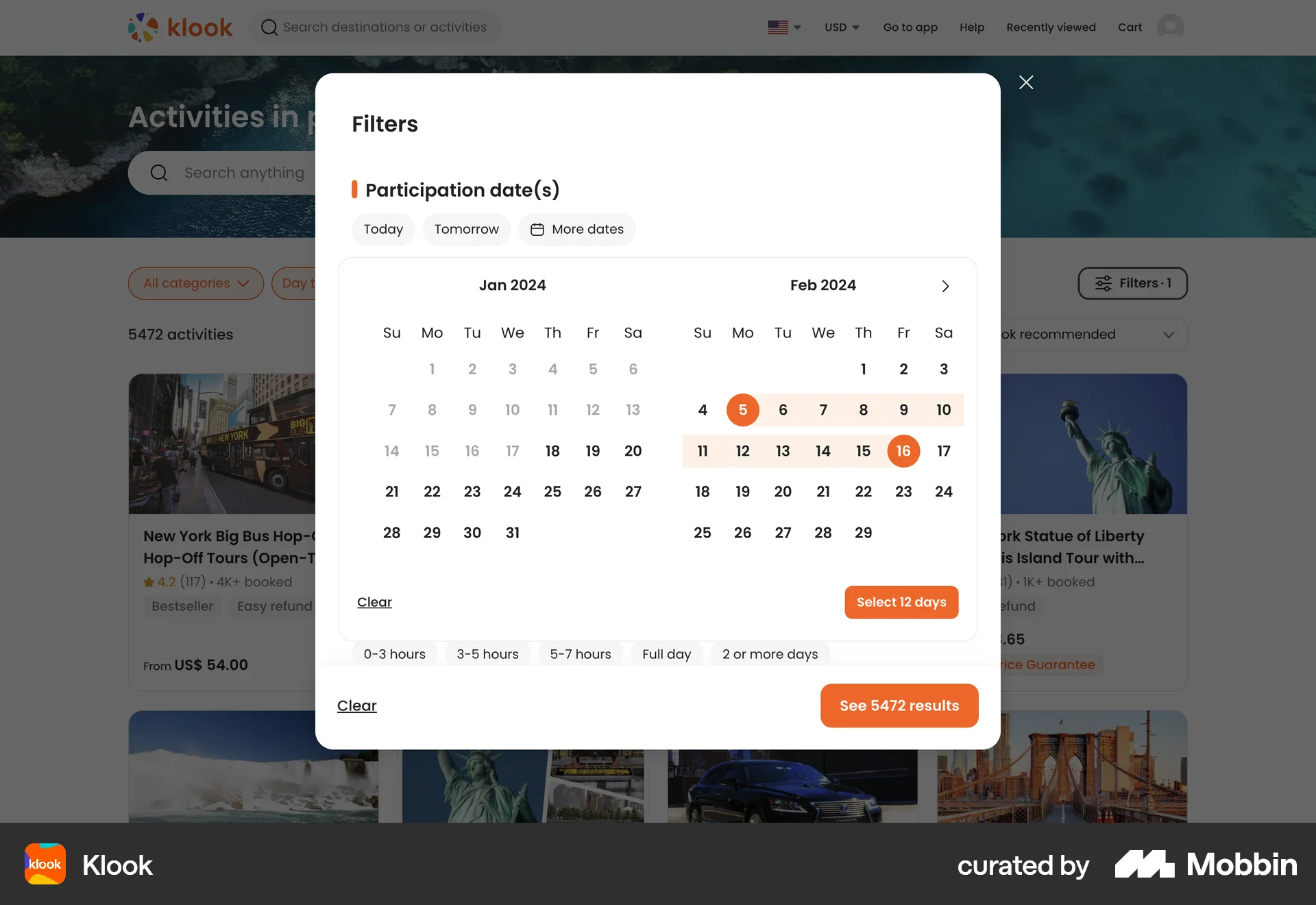 Klook Web screen containing Date Picker UI element