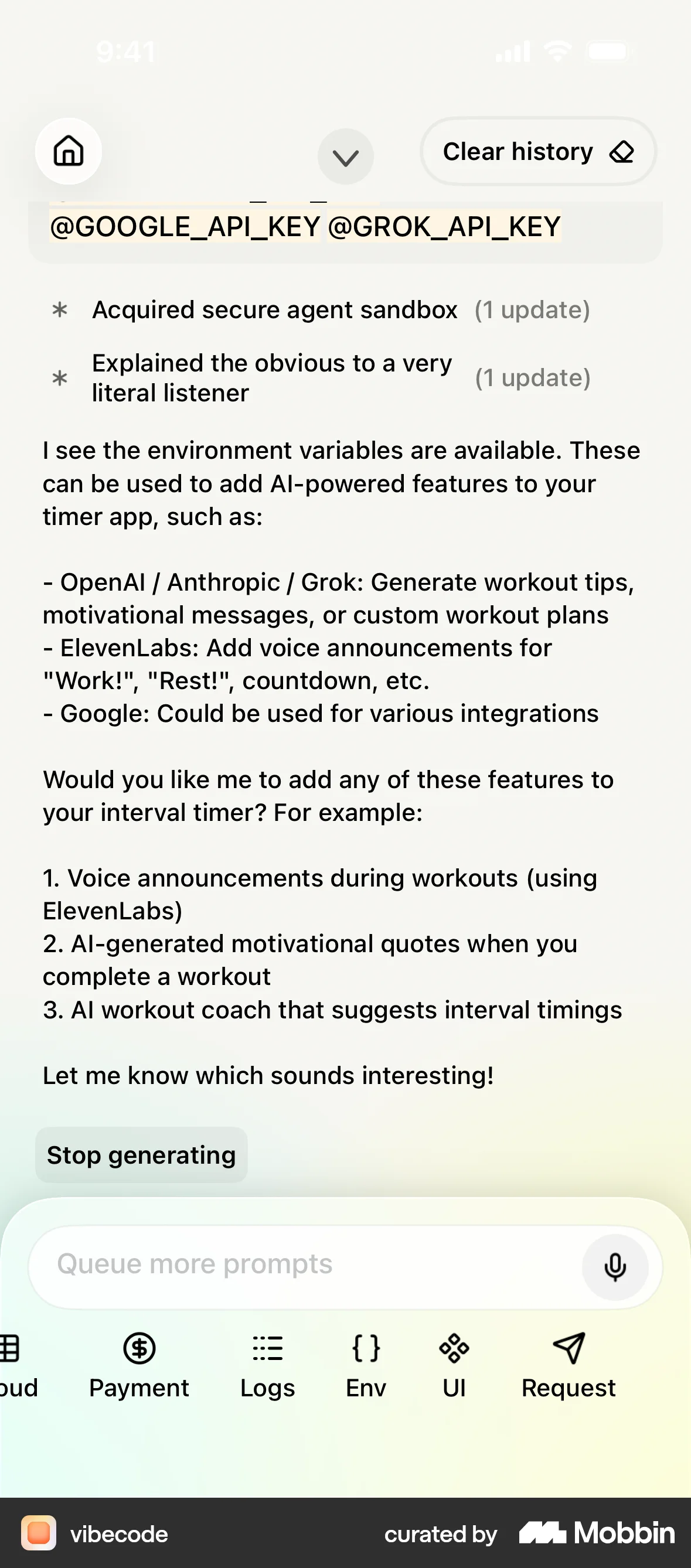 Vibecode iOS Voice UI screen