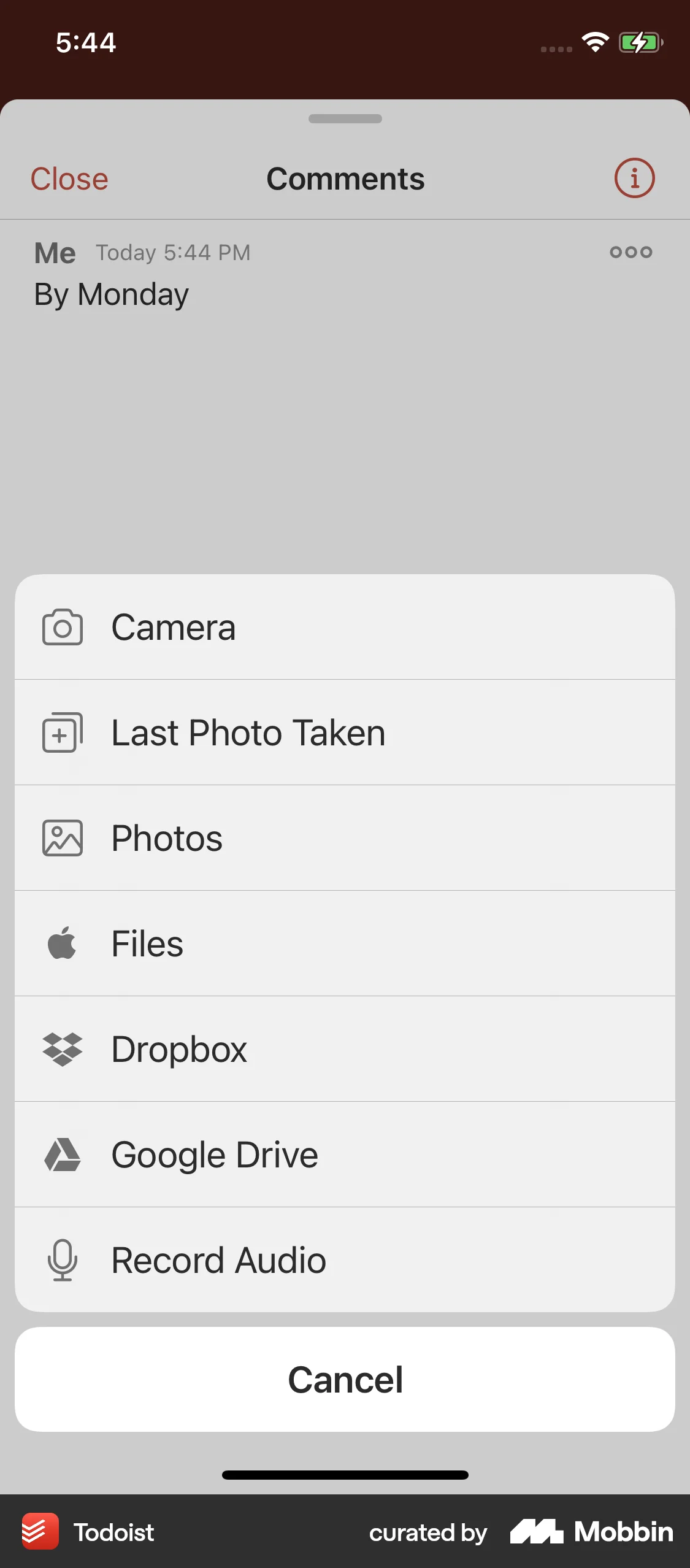 Todoist iOS screen containing Action Sheet UI element