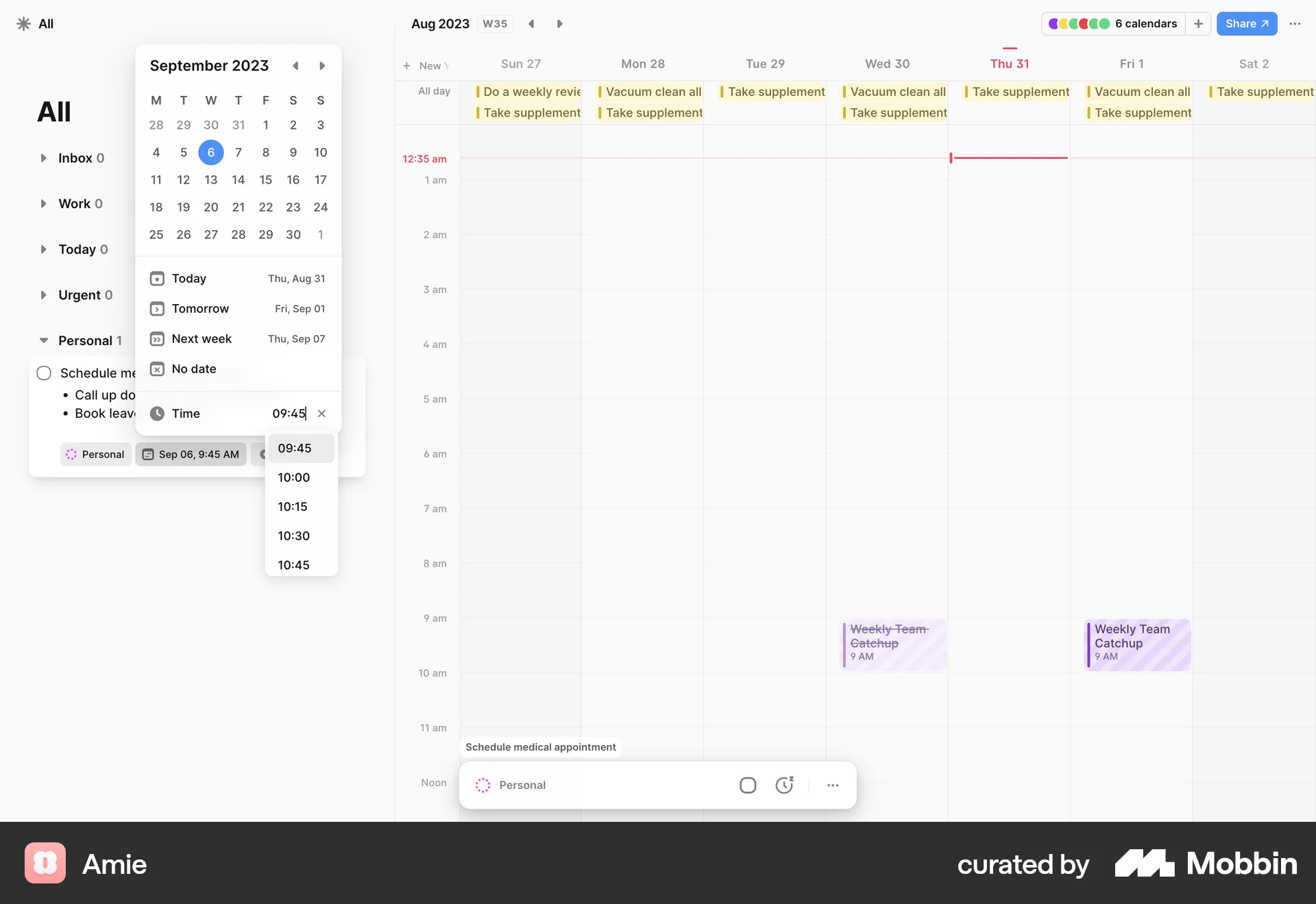 Amie Web screen containing Time Picker UI element