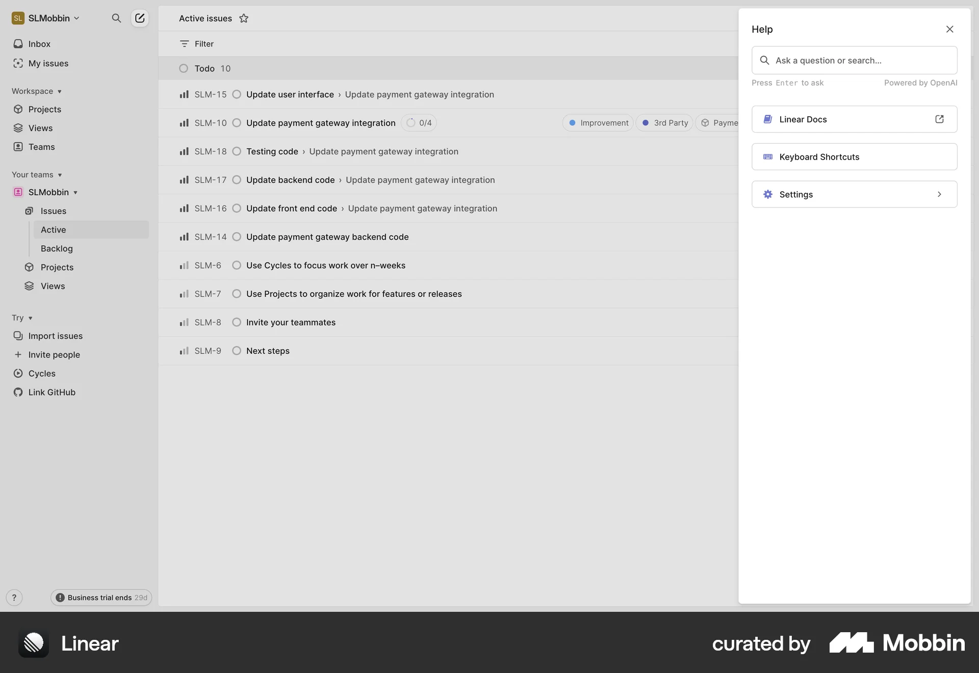 Linear Web screen containing Drawer UI element