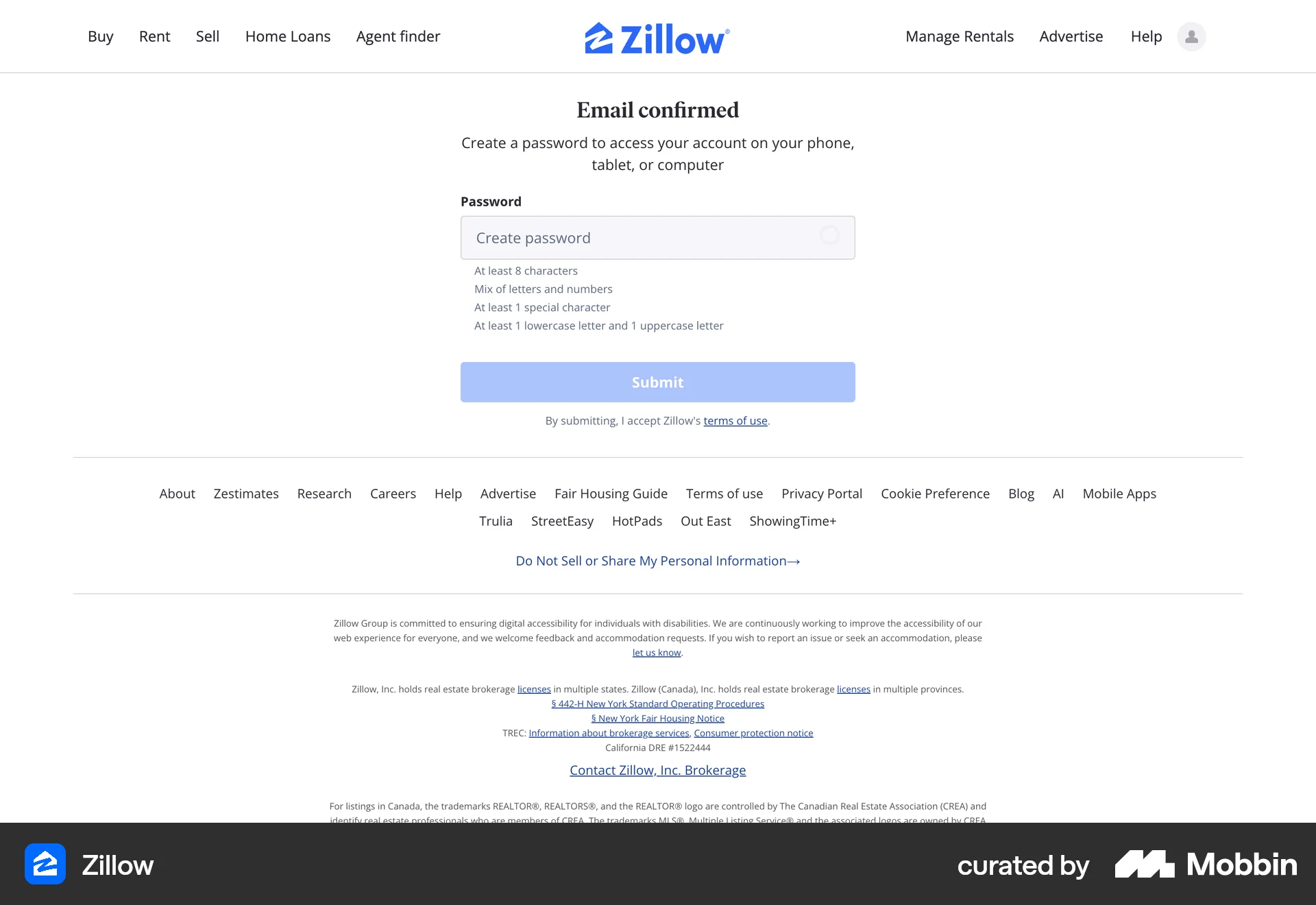 Zillow Web Forgot Password screen