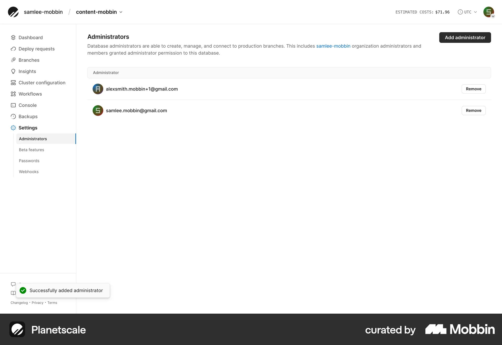 PlanetScale Web Admin UI screen