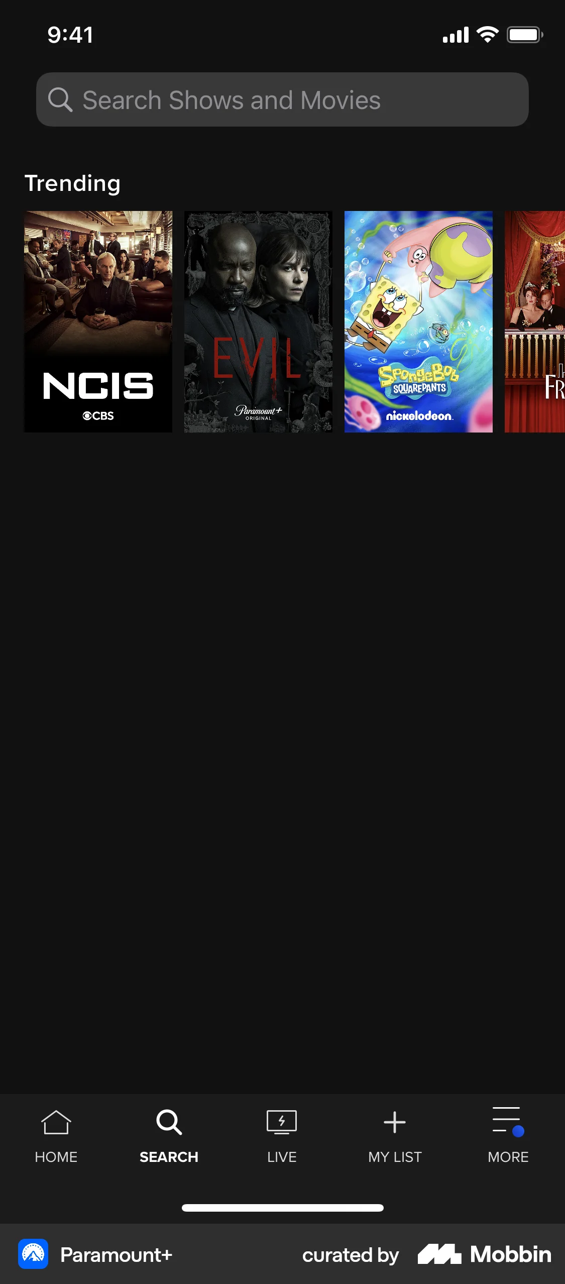 Paramount+ iOS screen containing Search Bar UI element