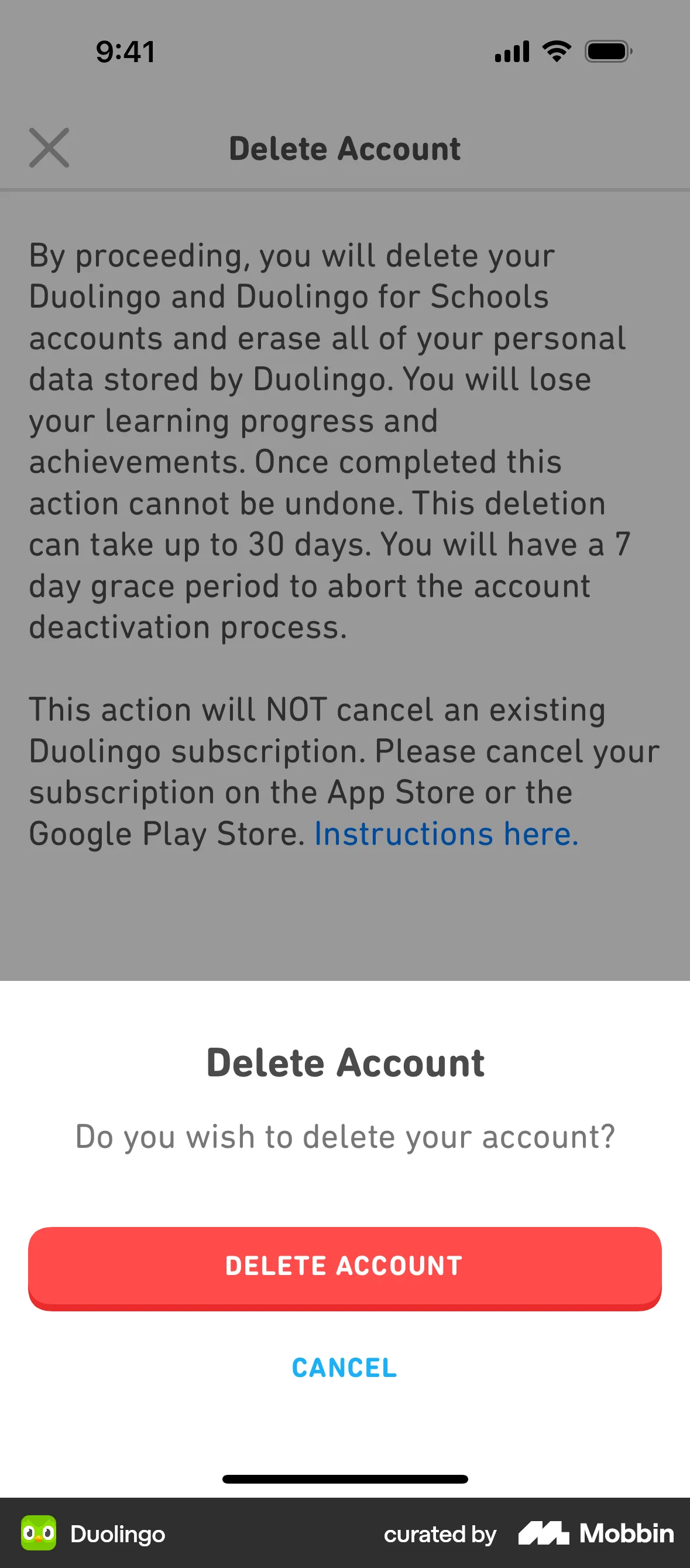 Duolingo iOS Delete & Deactivate Account screen