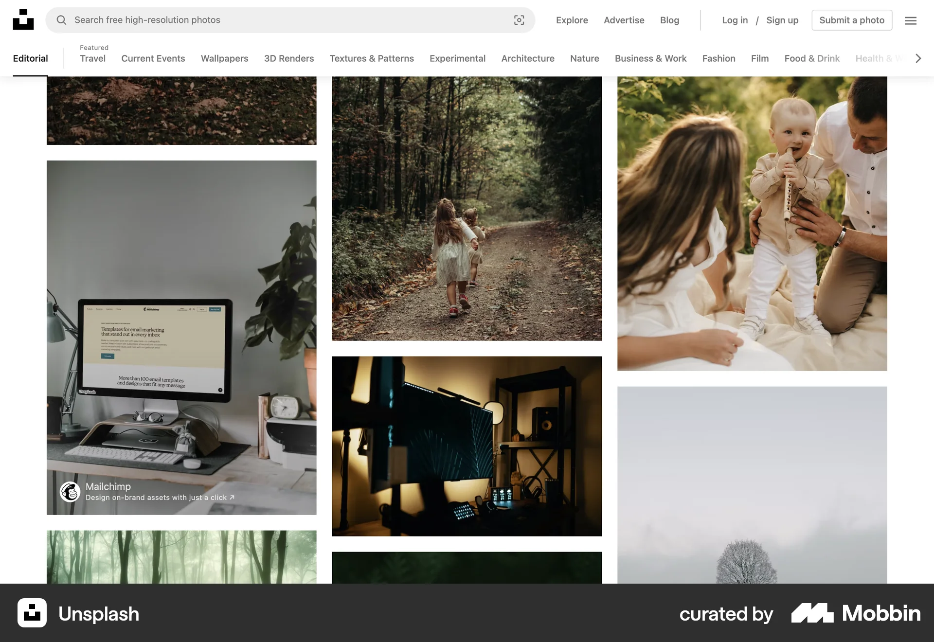 Unsplash Web screen containing Gallery UI element