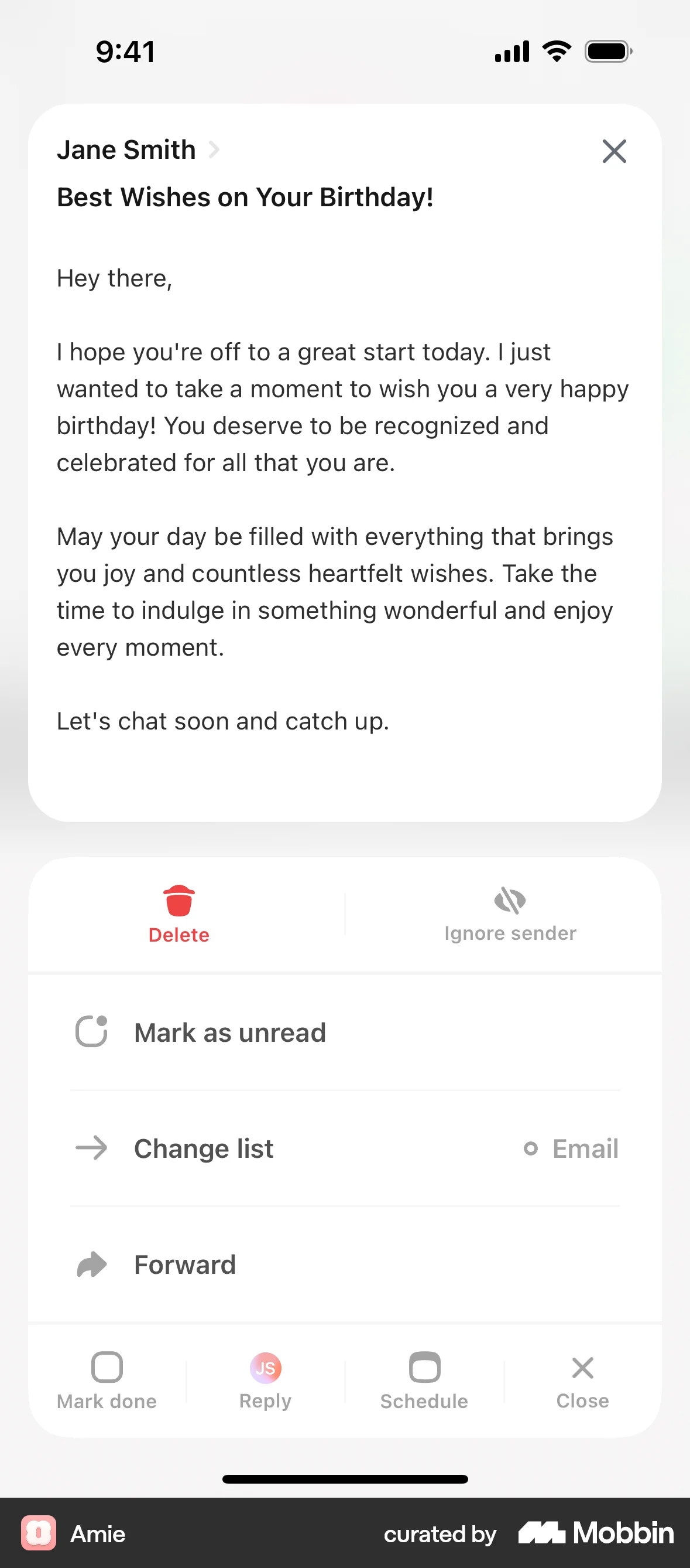 Amie iOS screen containing Action Sheet UI element