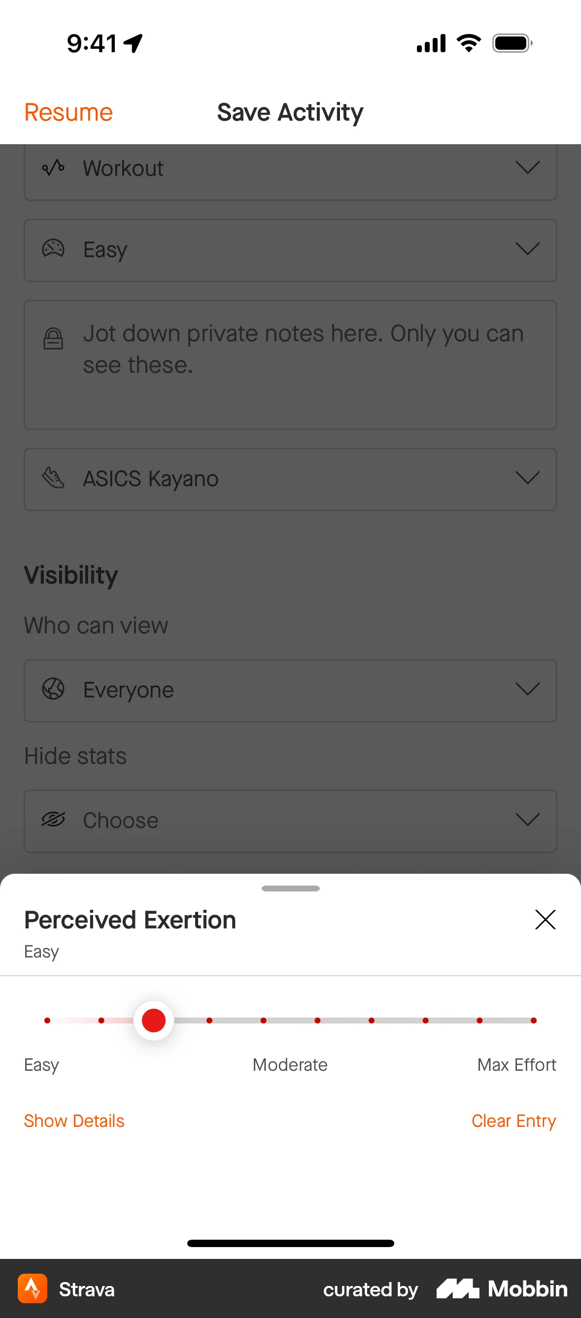 Strava iOS screen containing Slider UI element