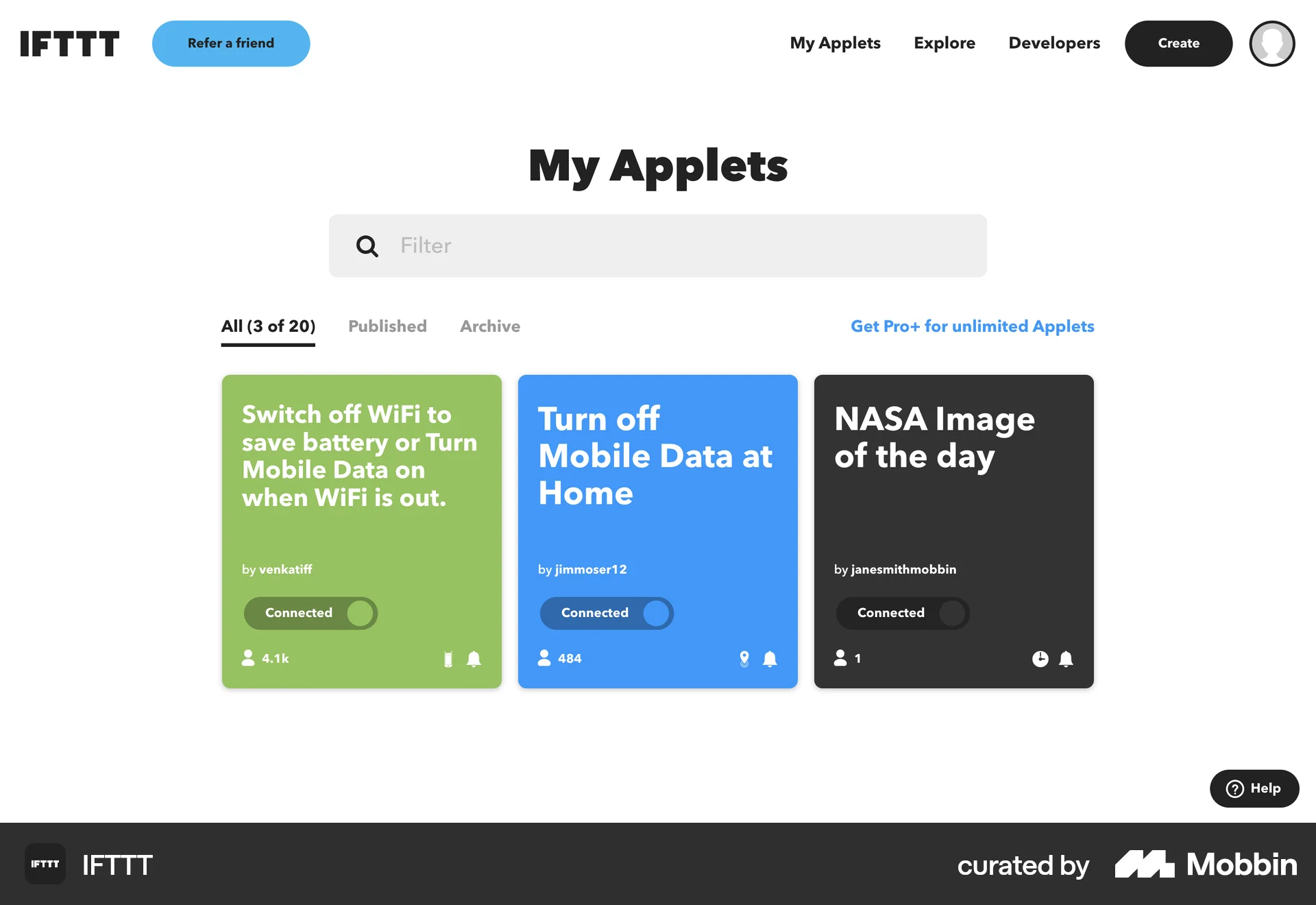 IFTTT Web screen containing Top Navigation Bar UI element