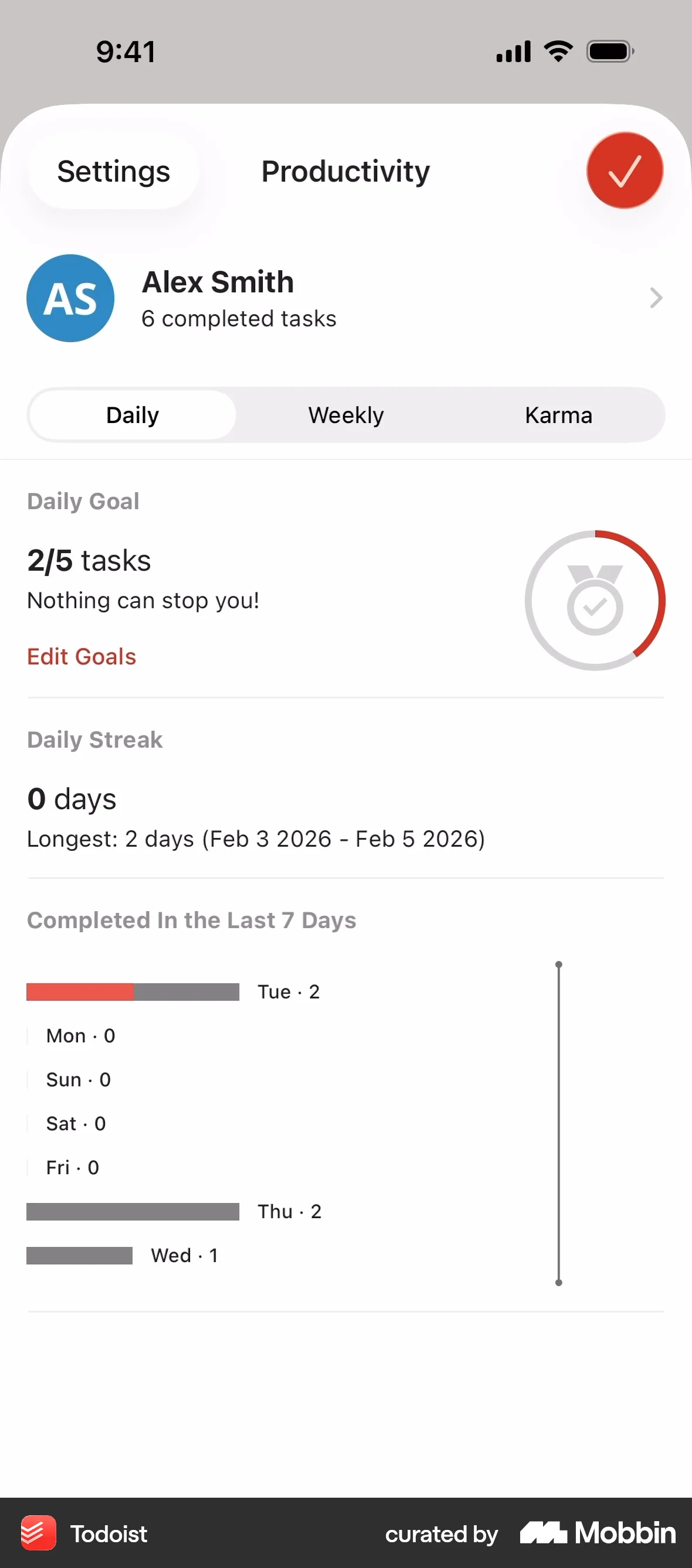 Todoist iOS Pie Chart UI screen