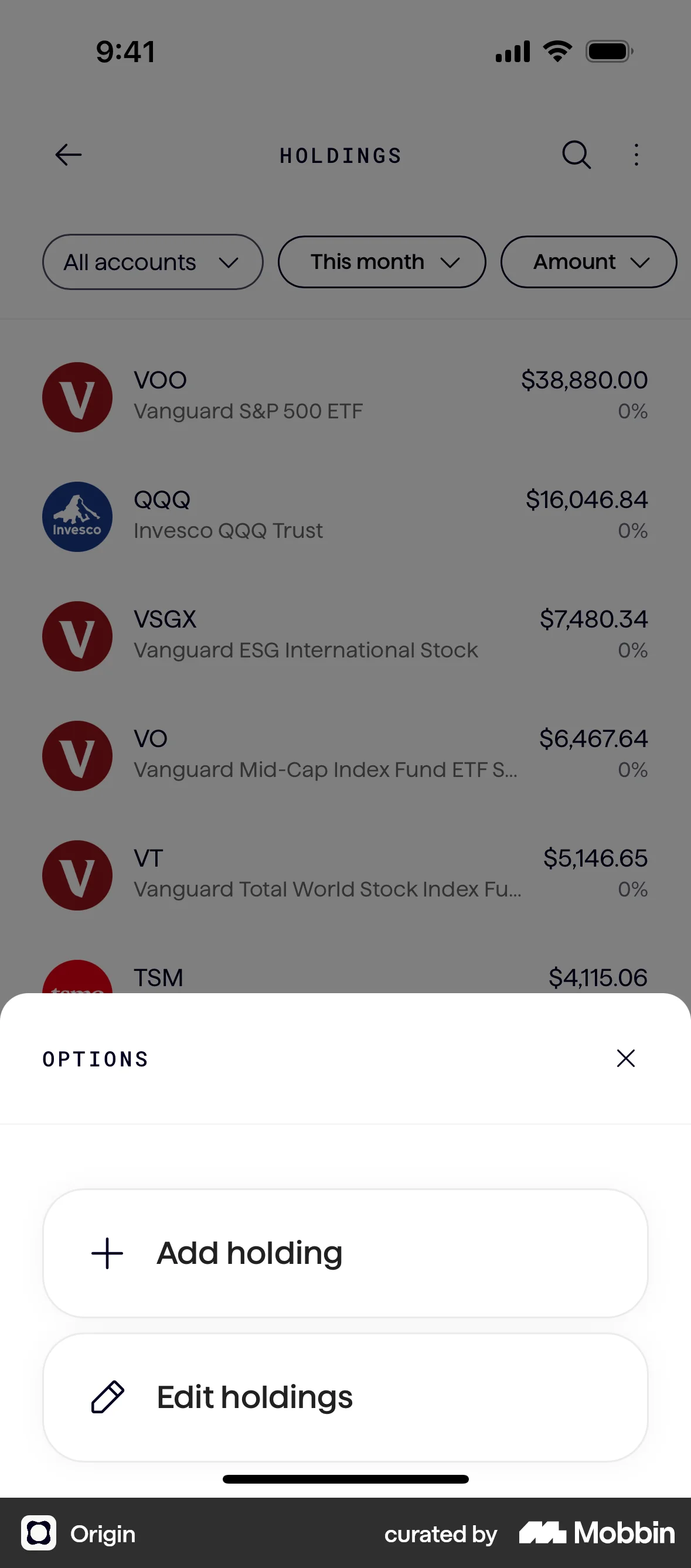 Origin iOS Action Option screen