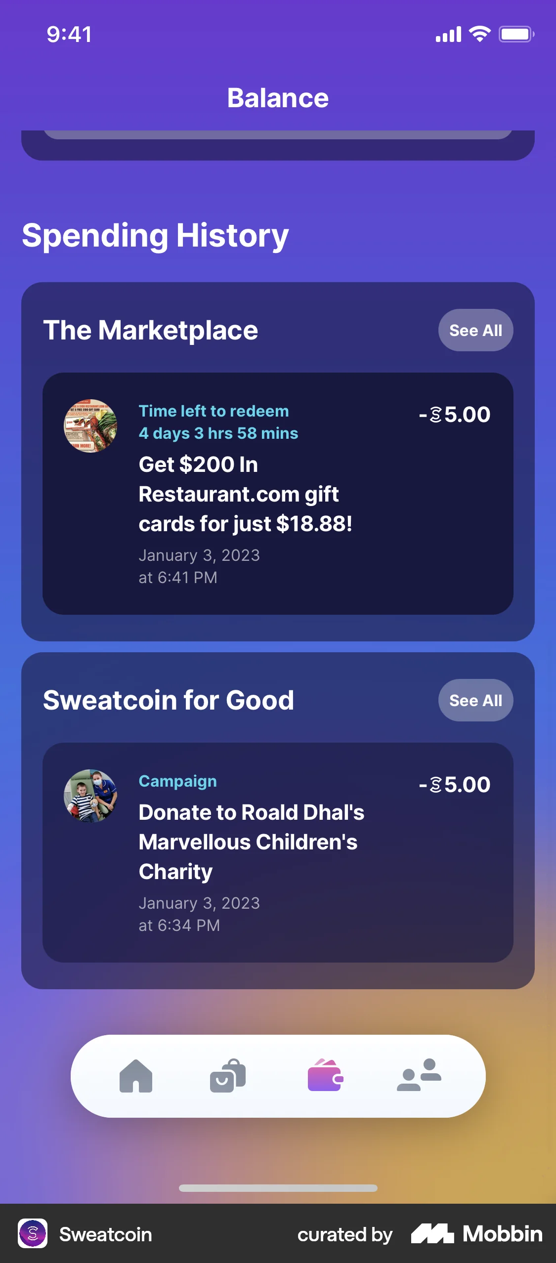 Sweatcoin iOS Wallet & Balance screen