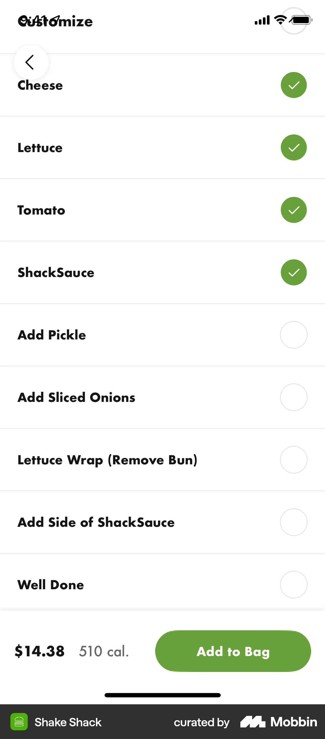 Shake Shack iOS Product Detail screen