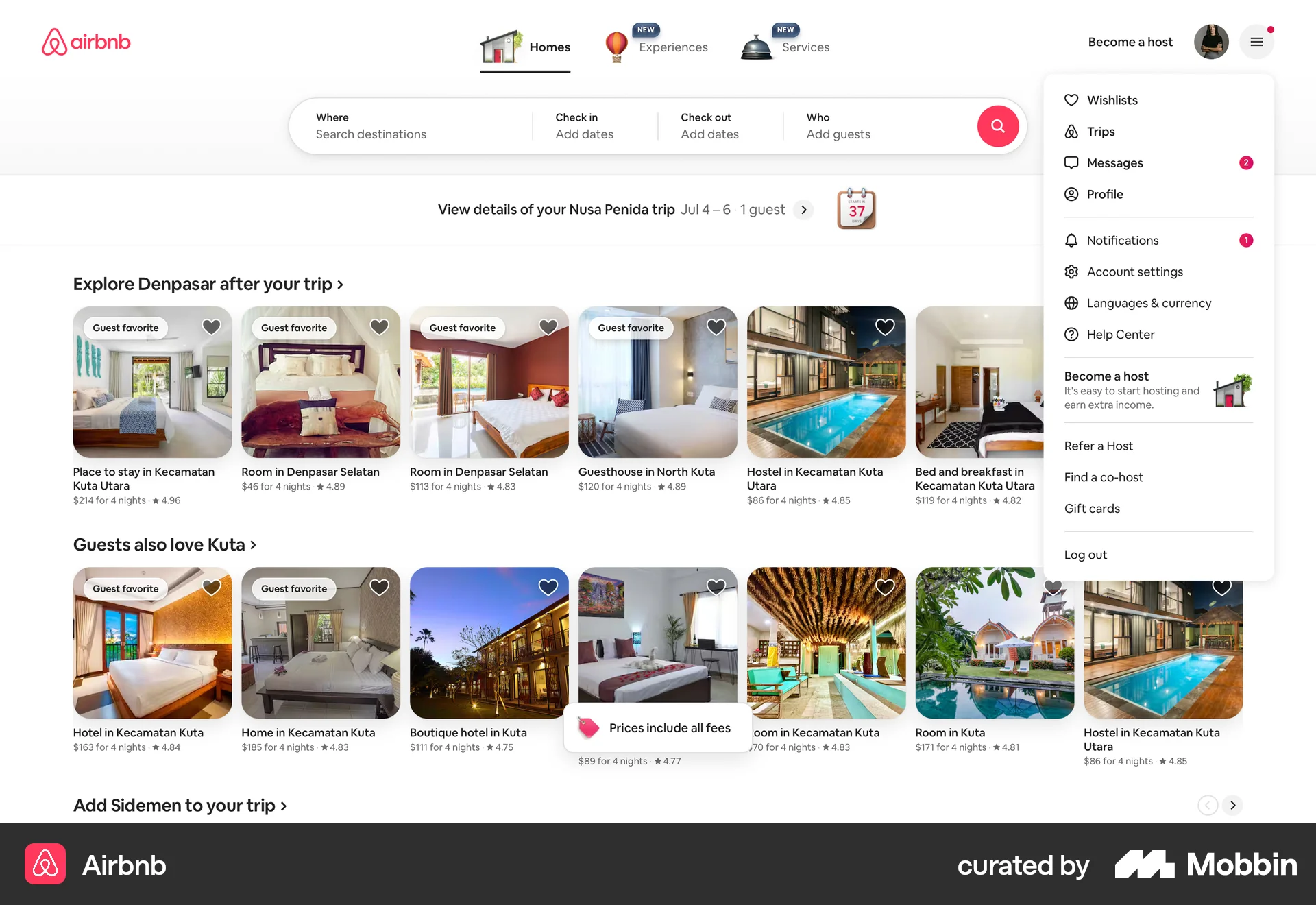 Airbnb Web screen containing Dropdown Menu UI element