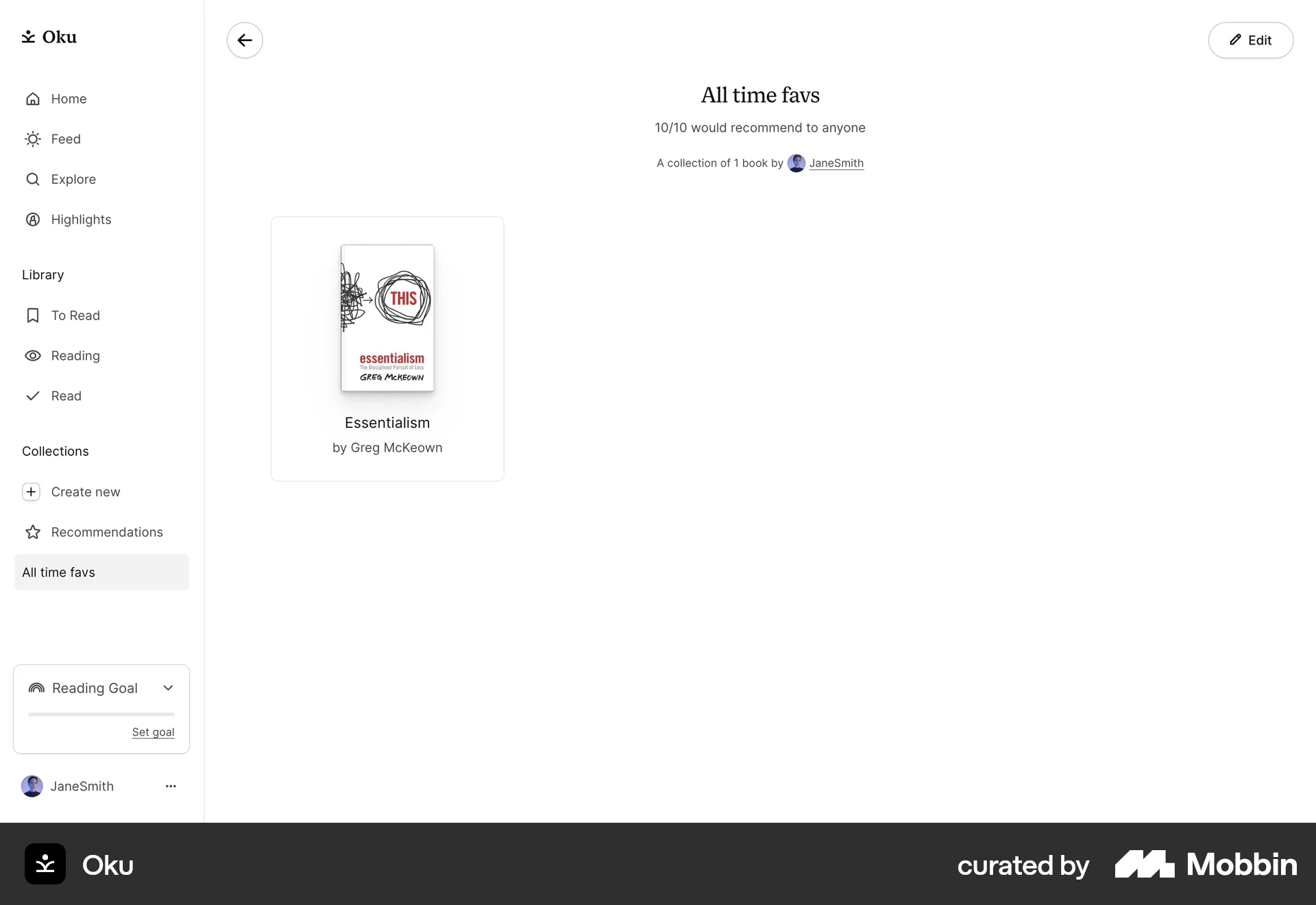 Oku Web Bookmarks & Collections screen