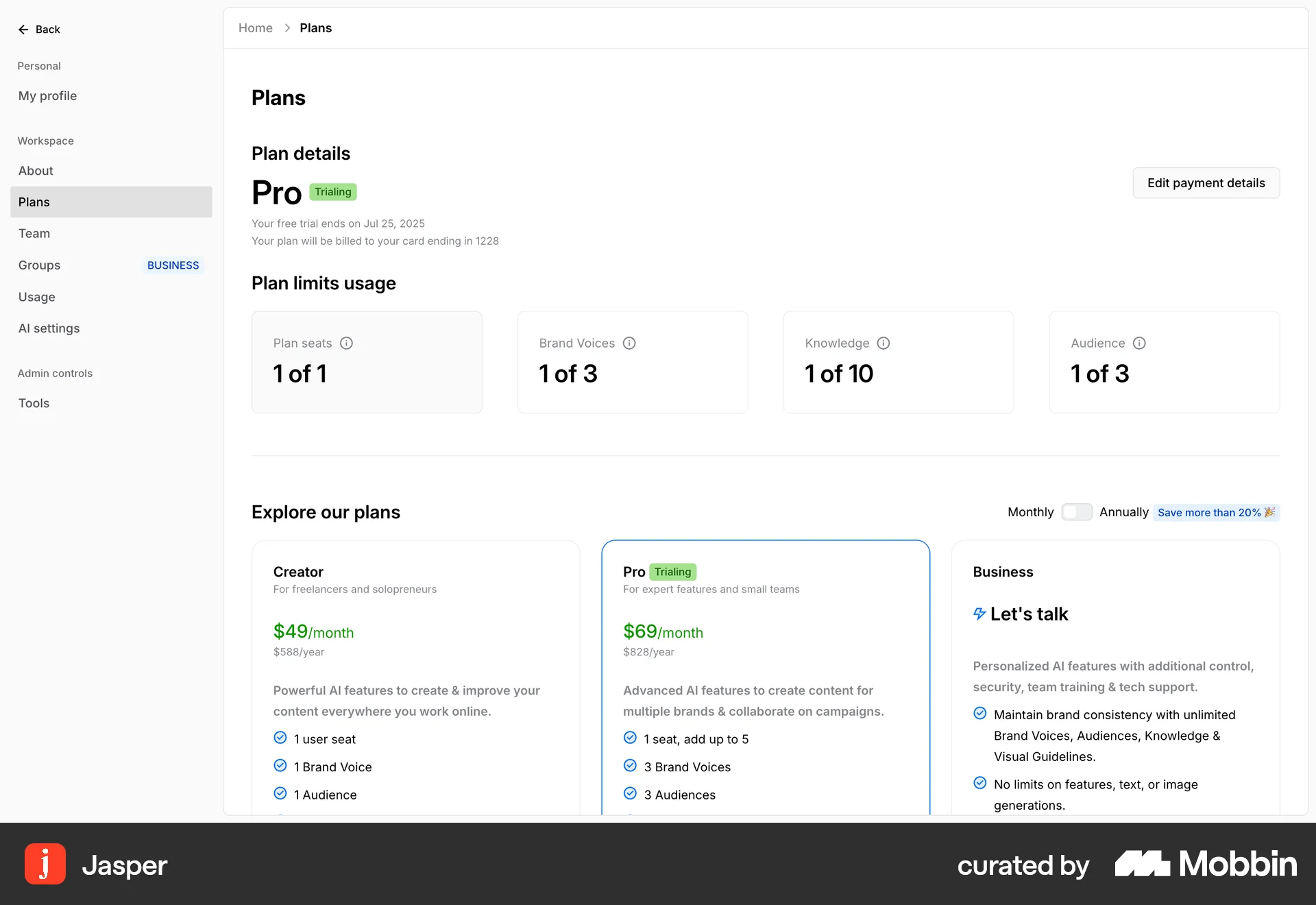 Jasper Web Billing screen