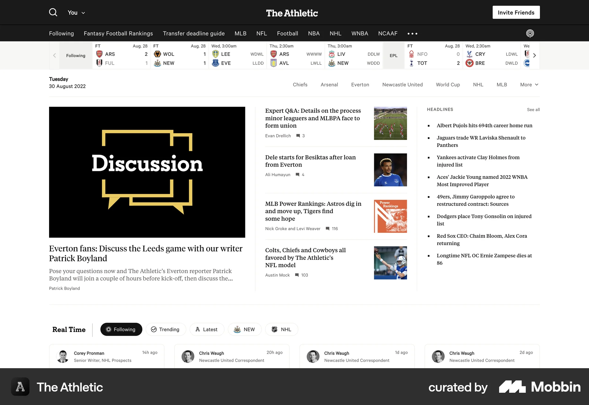 The Athletic Web News Feed screen