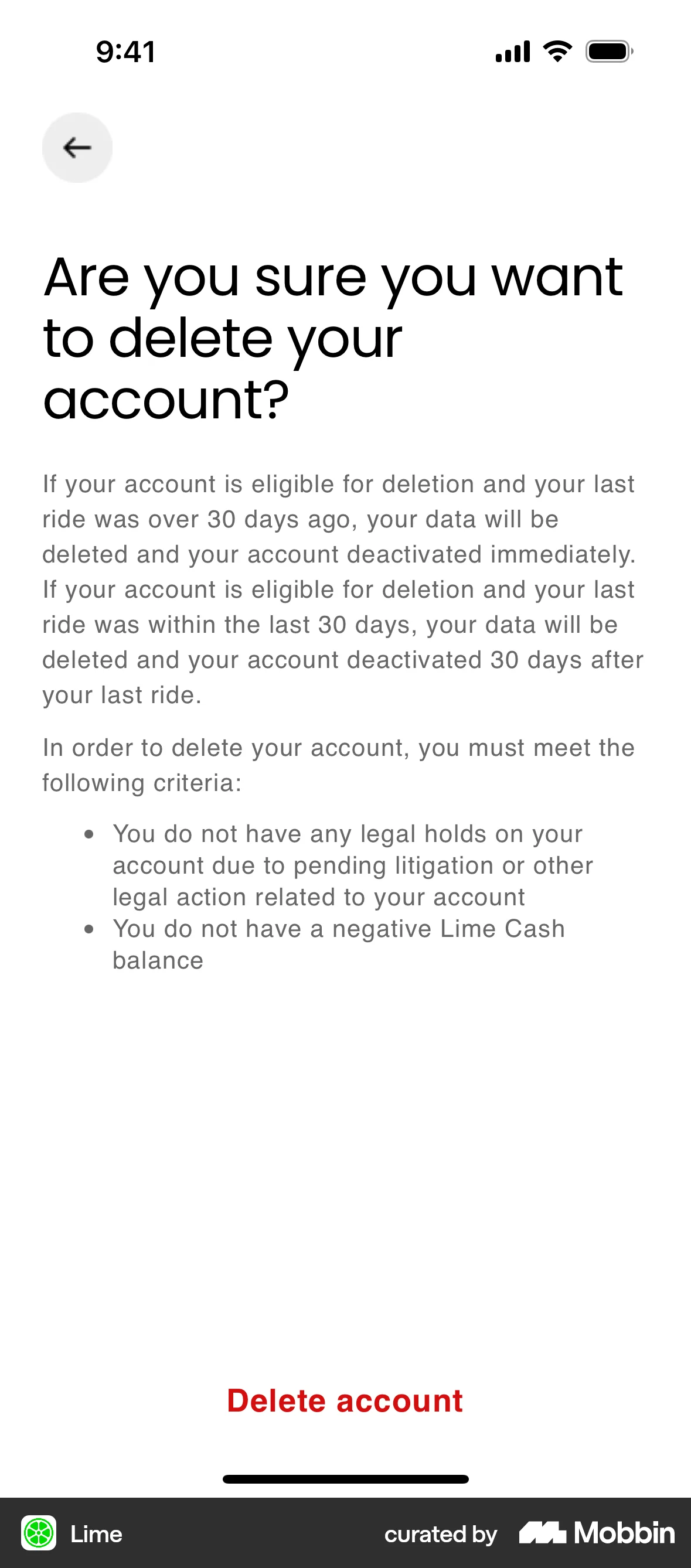 Lime iOS Delete & Deactivate Account screen